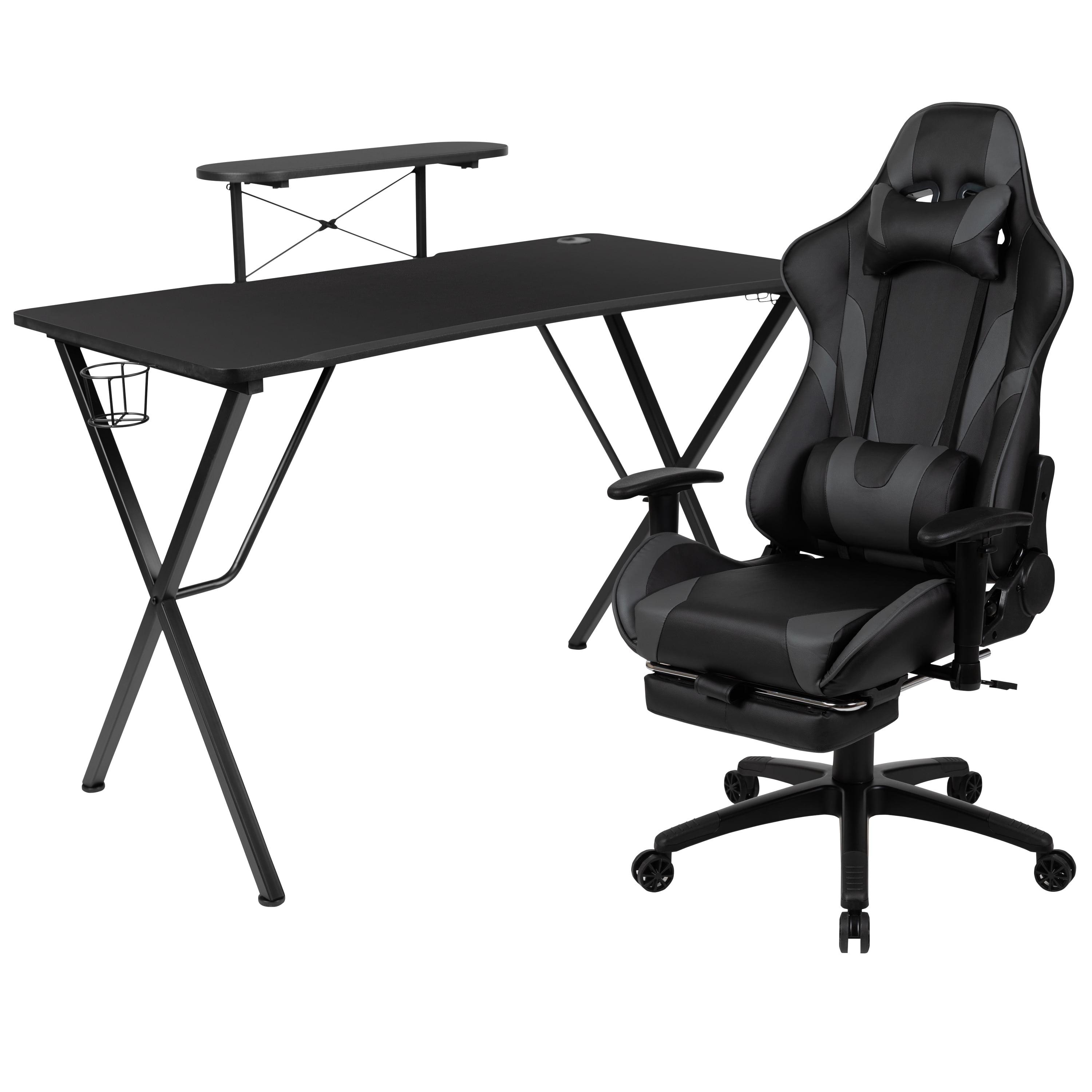 Ergonomic Black and Gray Gaming Desk and Chair Set with Footrest and Cup Holder