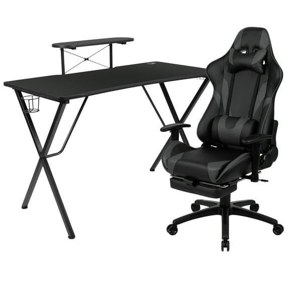 Flash Furniture Black Gaming Desk with Cup Holder/Headphone Hook and Monitor/Smartphone Stand & Gray Reclining Gaming Chair with Footrest