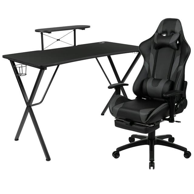 Flash Furniture Black Gaming Desk with Cup Holder/Headphone Hook and Monitor/Smartphone Stand & Gray Reclining Gaming Chair with Footrest