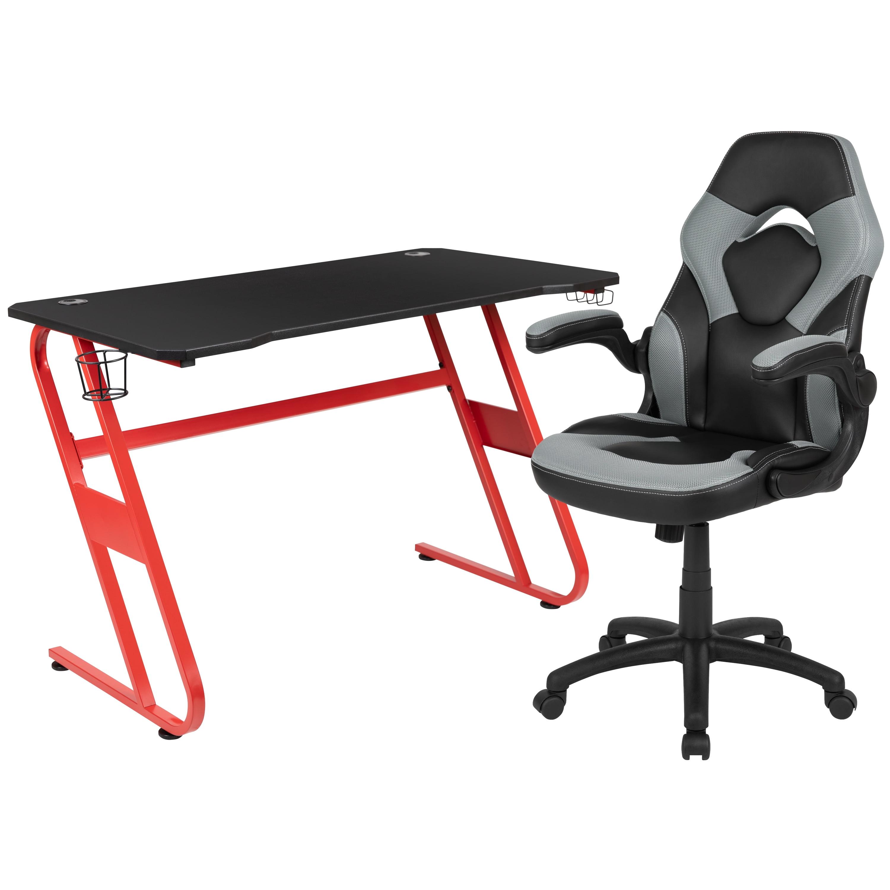 Gray and Red Gaming Desk with Ergonomic Chair Set