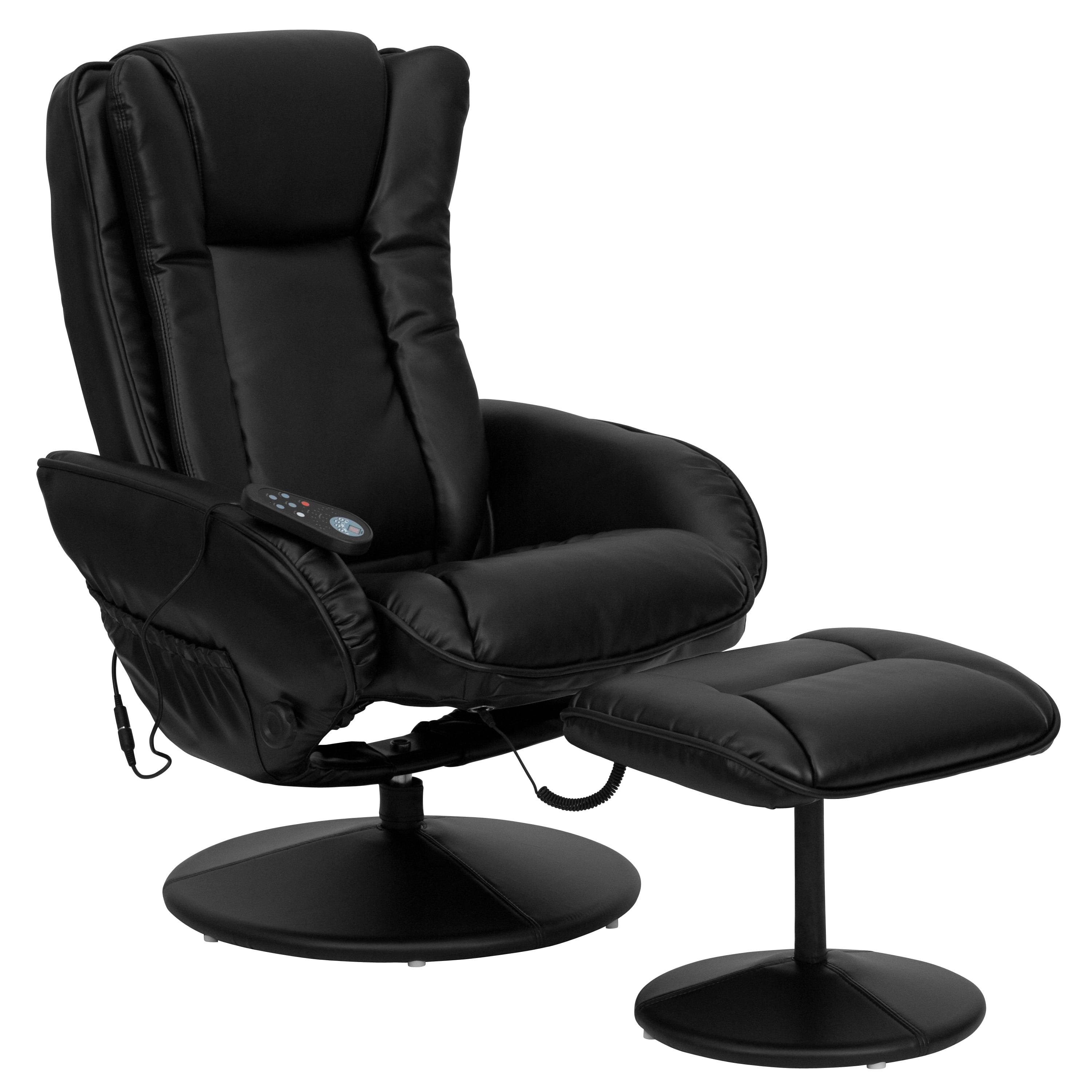 Flash Furniture Poppy Massaging Multi-Position Plush Recliner with Side Pocket and Ottoman in Black LeatherSoft