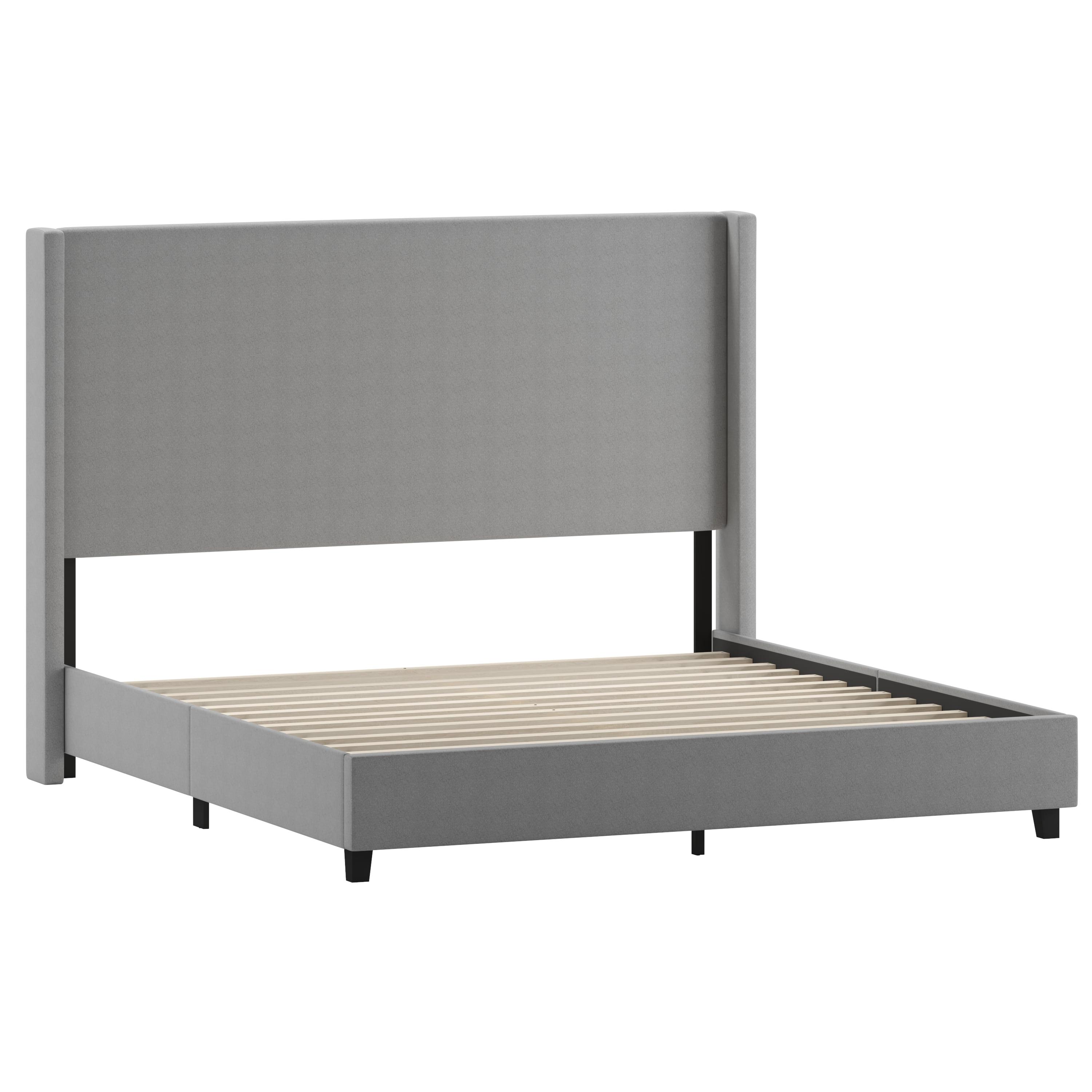 Gray King Linen Upholstered Platform Bed with Headboard and Slats