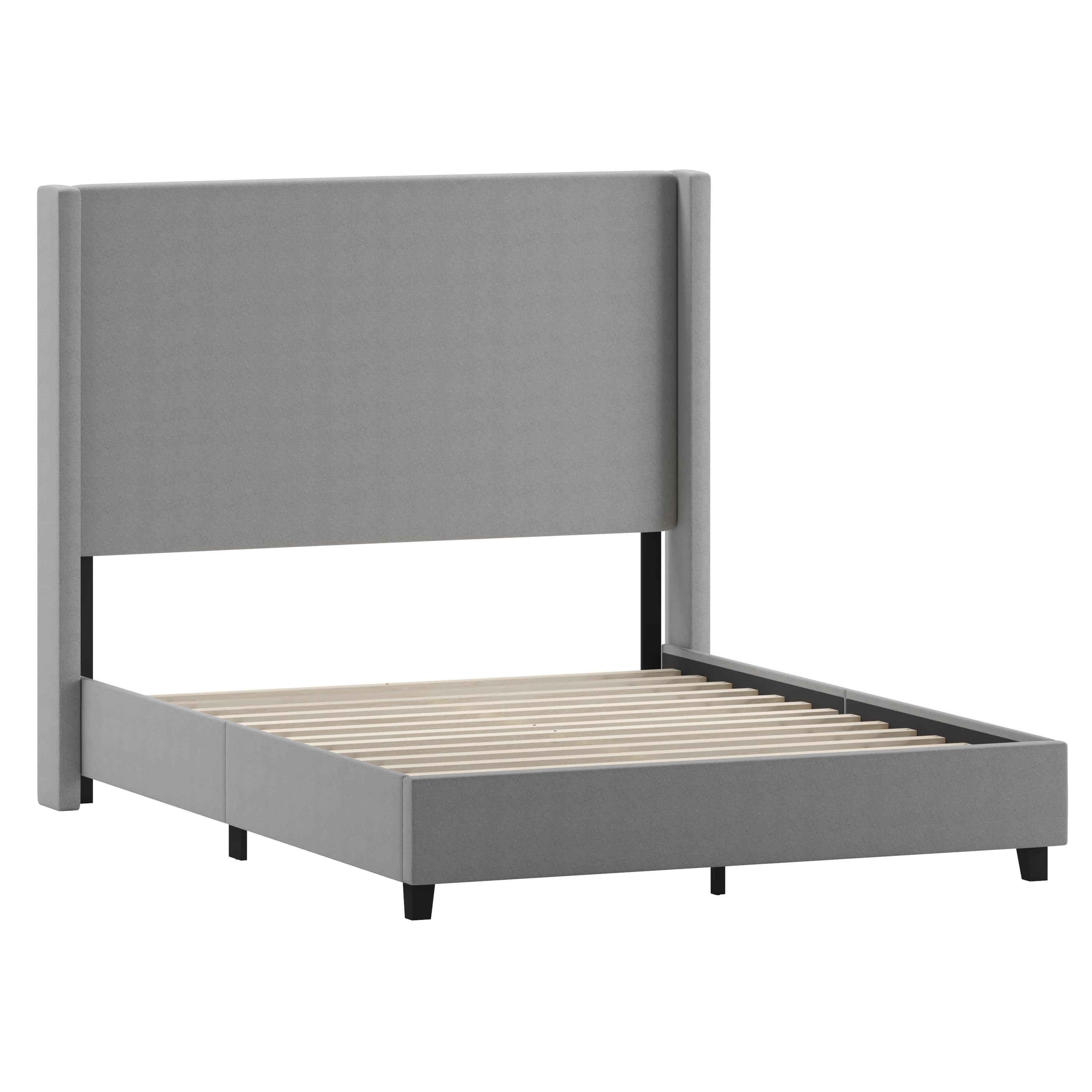 Gray Queen Upholstered Platform Bed with Linen Headboard