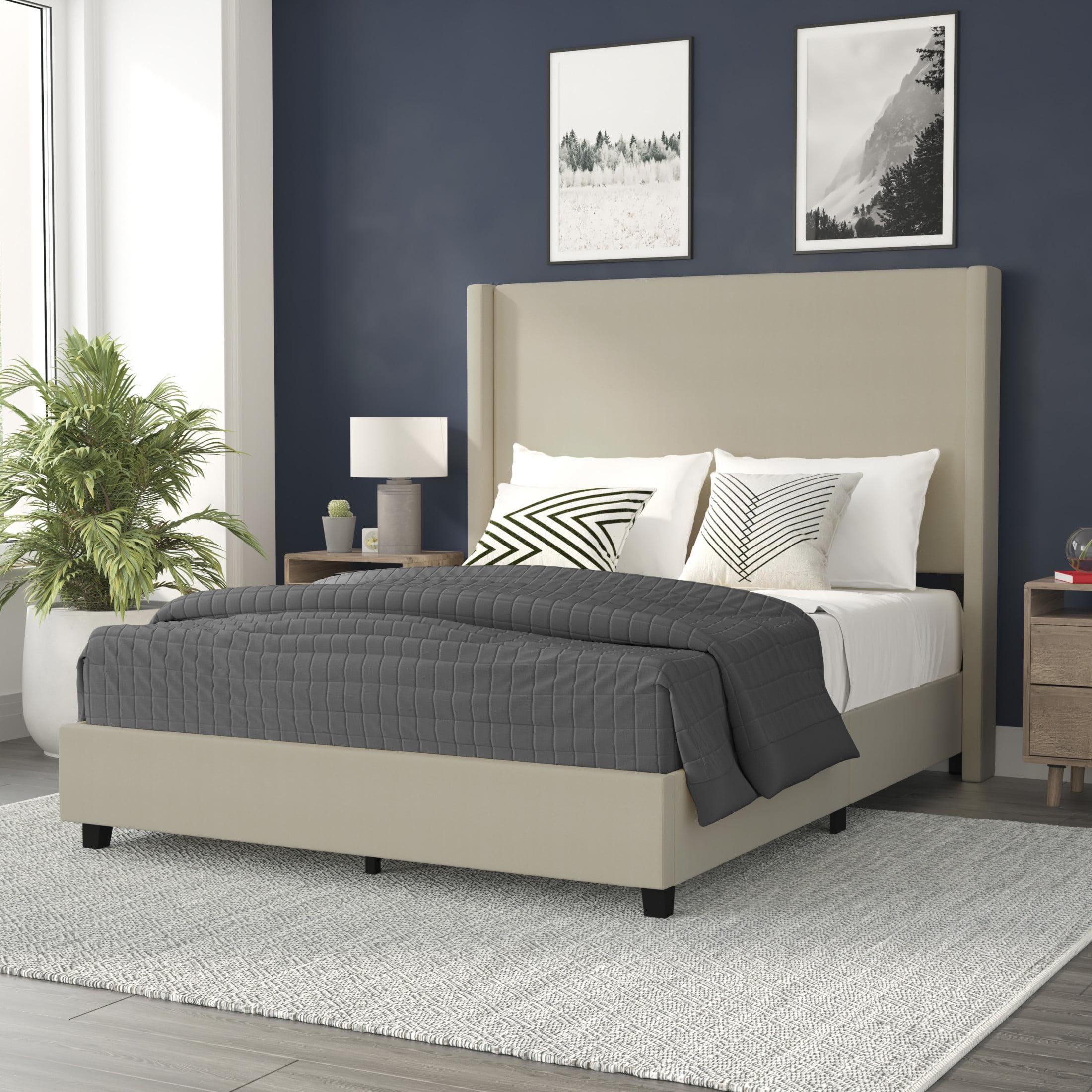 Flash Furniture Quinn Queen Upholstered Platform Bed with Channel Stitched Wingback Headboard, No Box Spring Needed, Beige