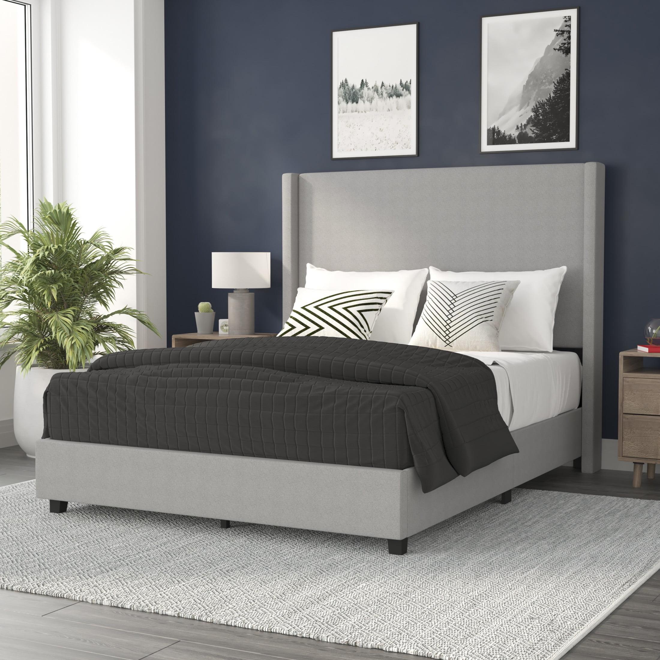 Flash Furniture Quinn Queen Upholstered Platform Bed with Channel Stitched Wingback Headboard, No Box Spring Needed, Gray