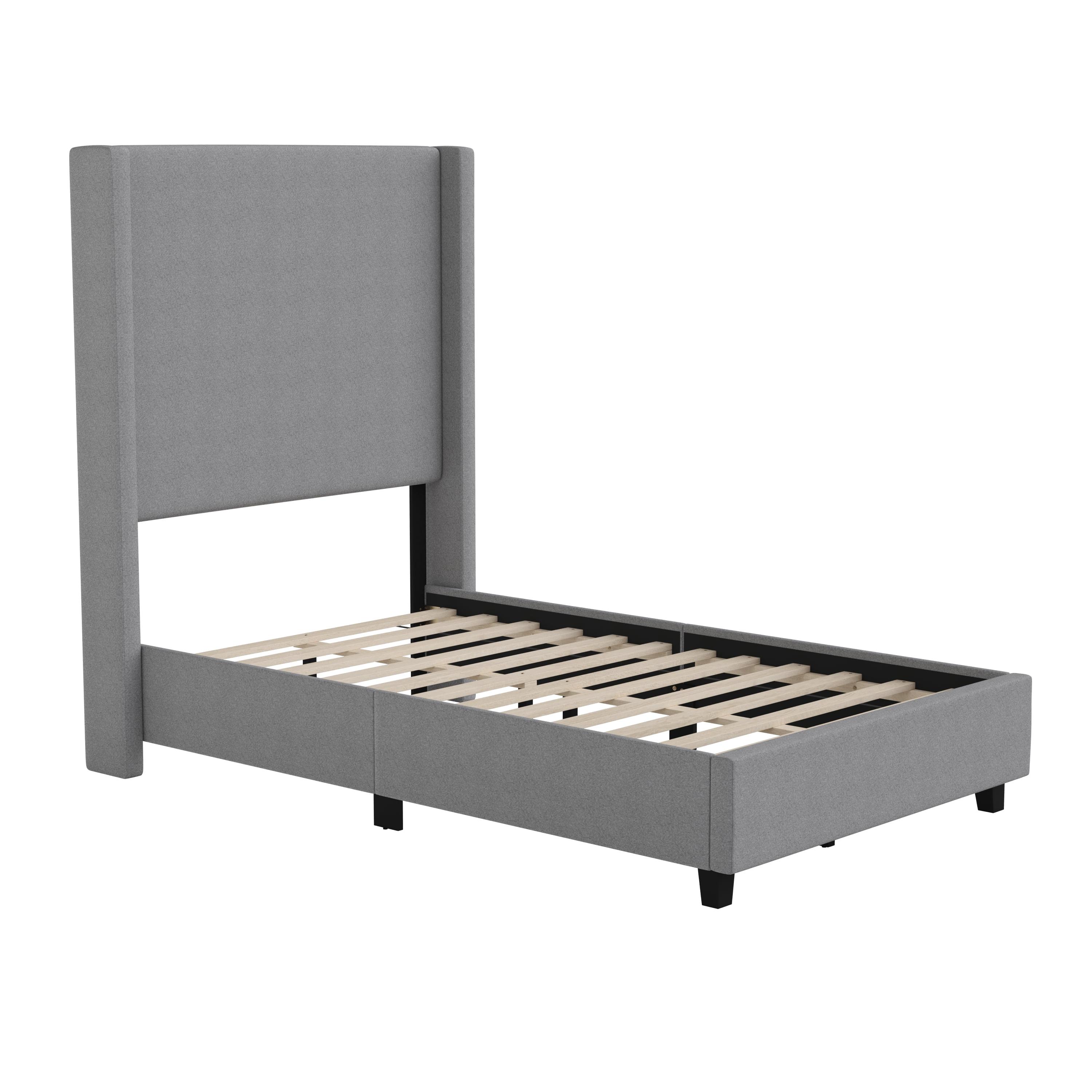 Flash Furniture Quinn Upholstered Platform Bed with Channel Stitched Wingback Headboard, Mattress Foundation with Slatted Supports, No Box Spring Needed