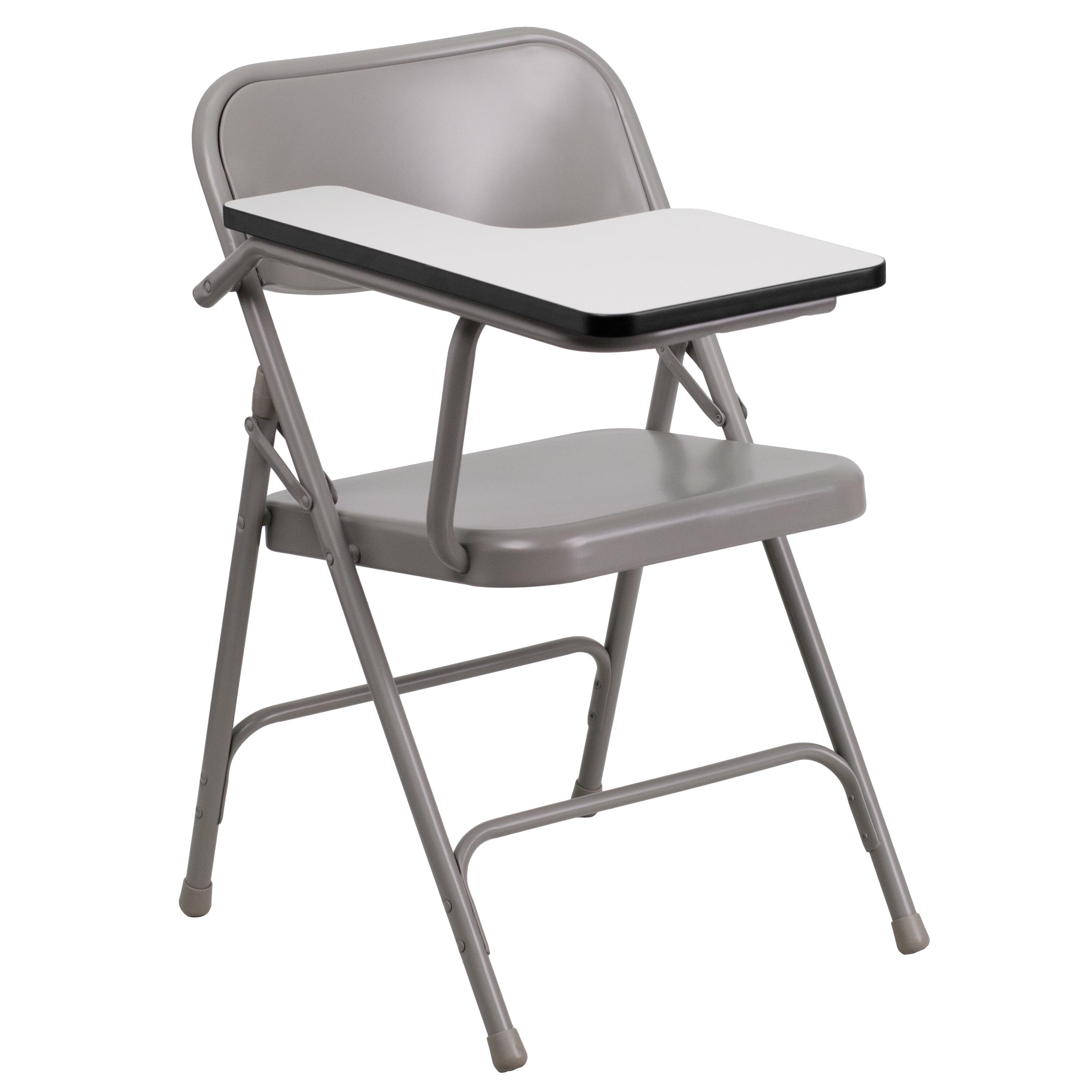 Beige and Brown Metal Folding Chair with Tablet Arm