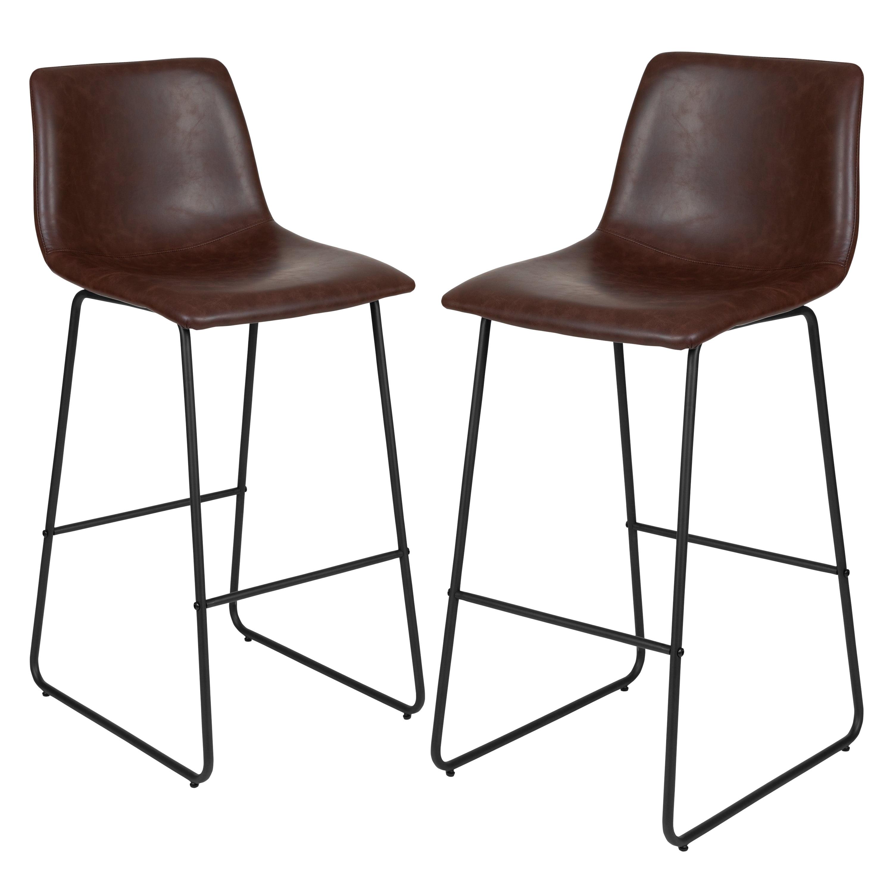 Dark Brown Leather and Metal Bar Height Stools, Set of 2