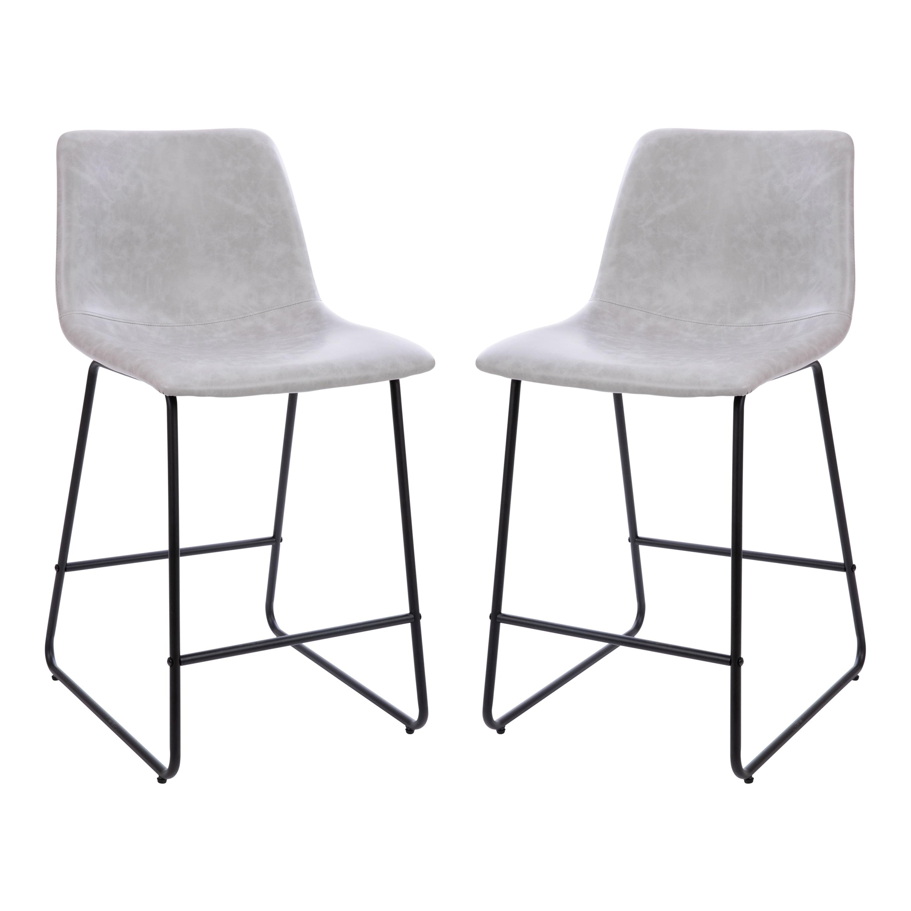 Adjustable Light Gray Leather & Metal Dining Stools, Set of 2