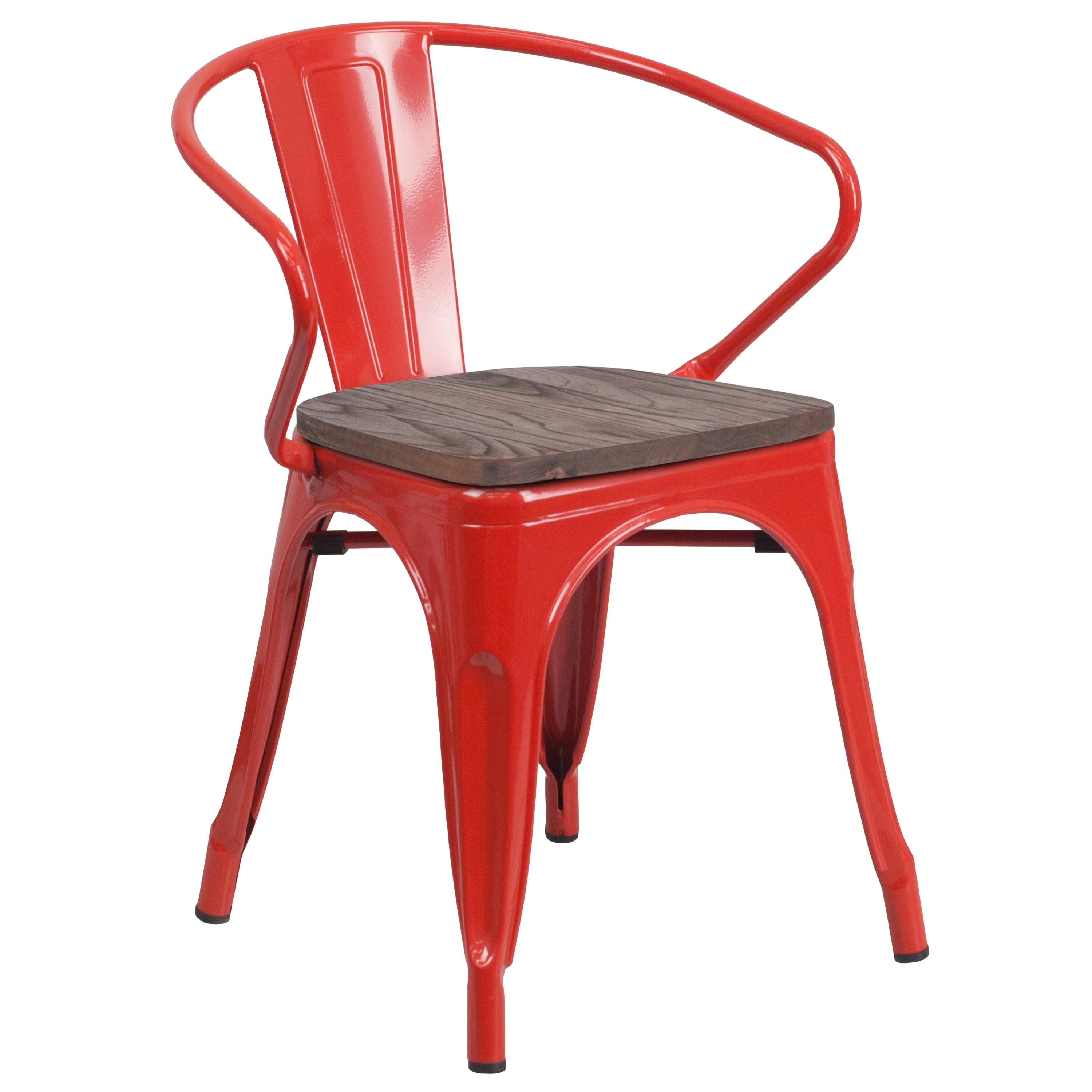 Rustic Red Metal Arm Chair with Wood Detail and Slat Back