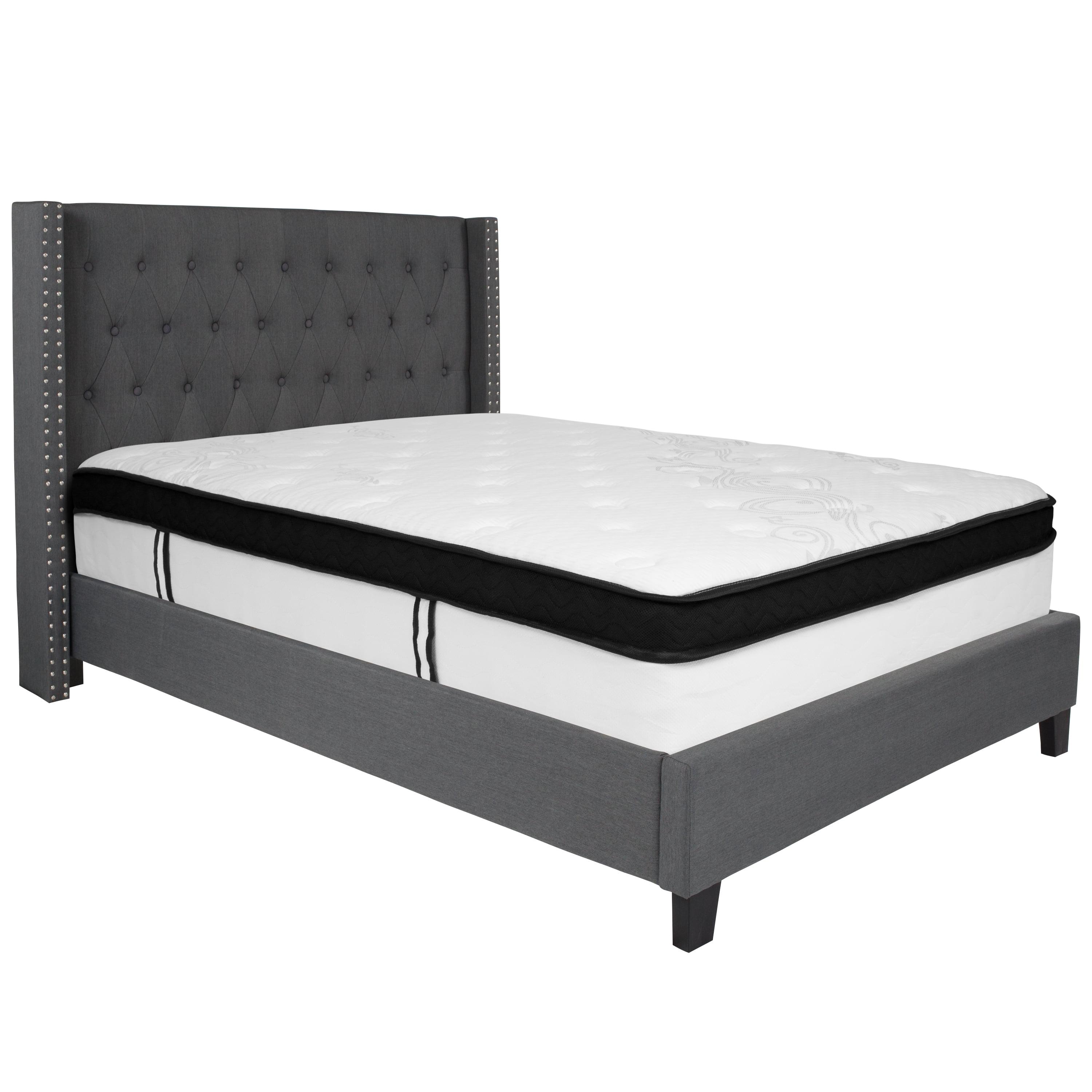 Elegant Dark Gray Full Platform Bed with Tufted Headboard and Nailhead Trim