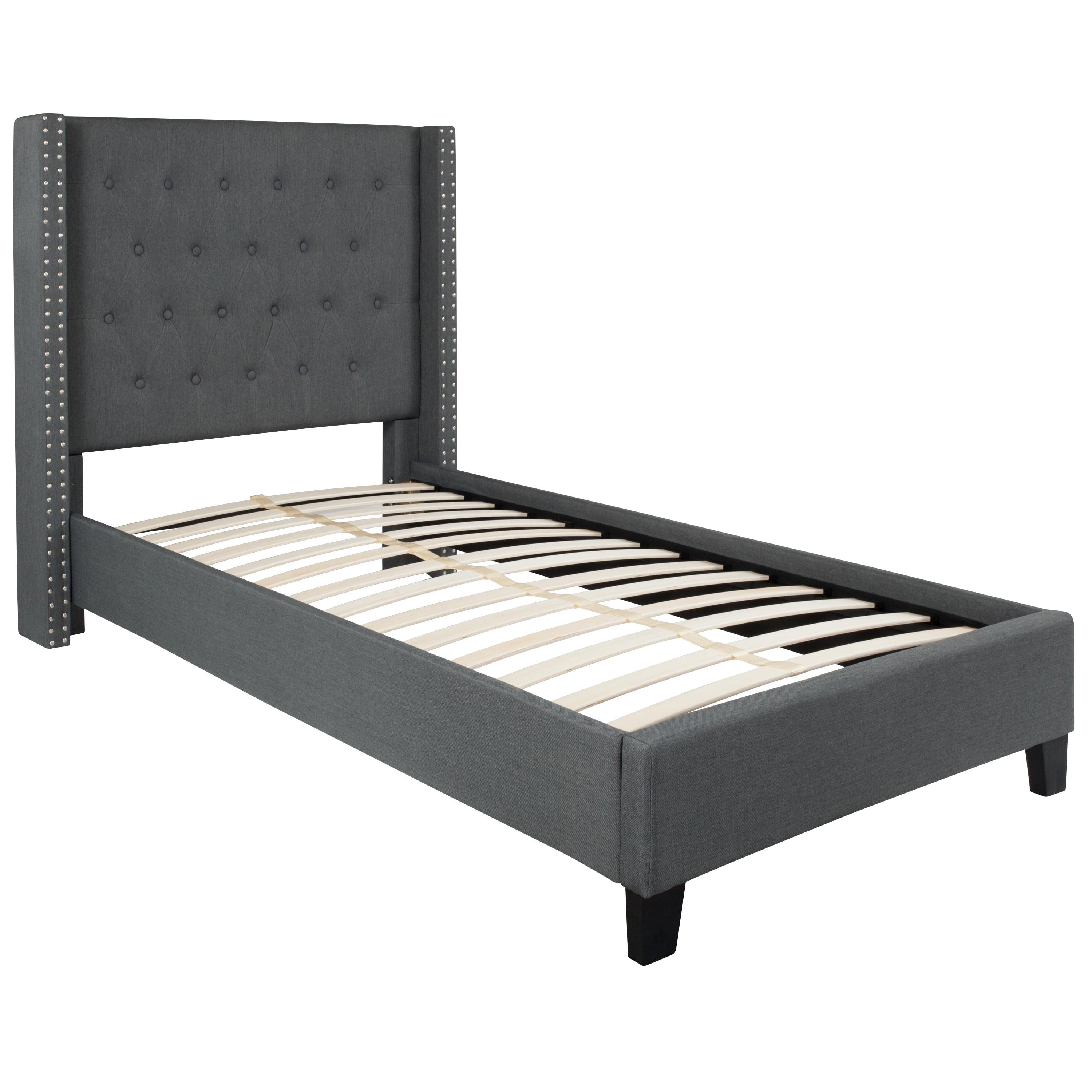 Dark Gray Twin Upholstered Platform Bed with Nailhead Trim