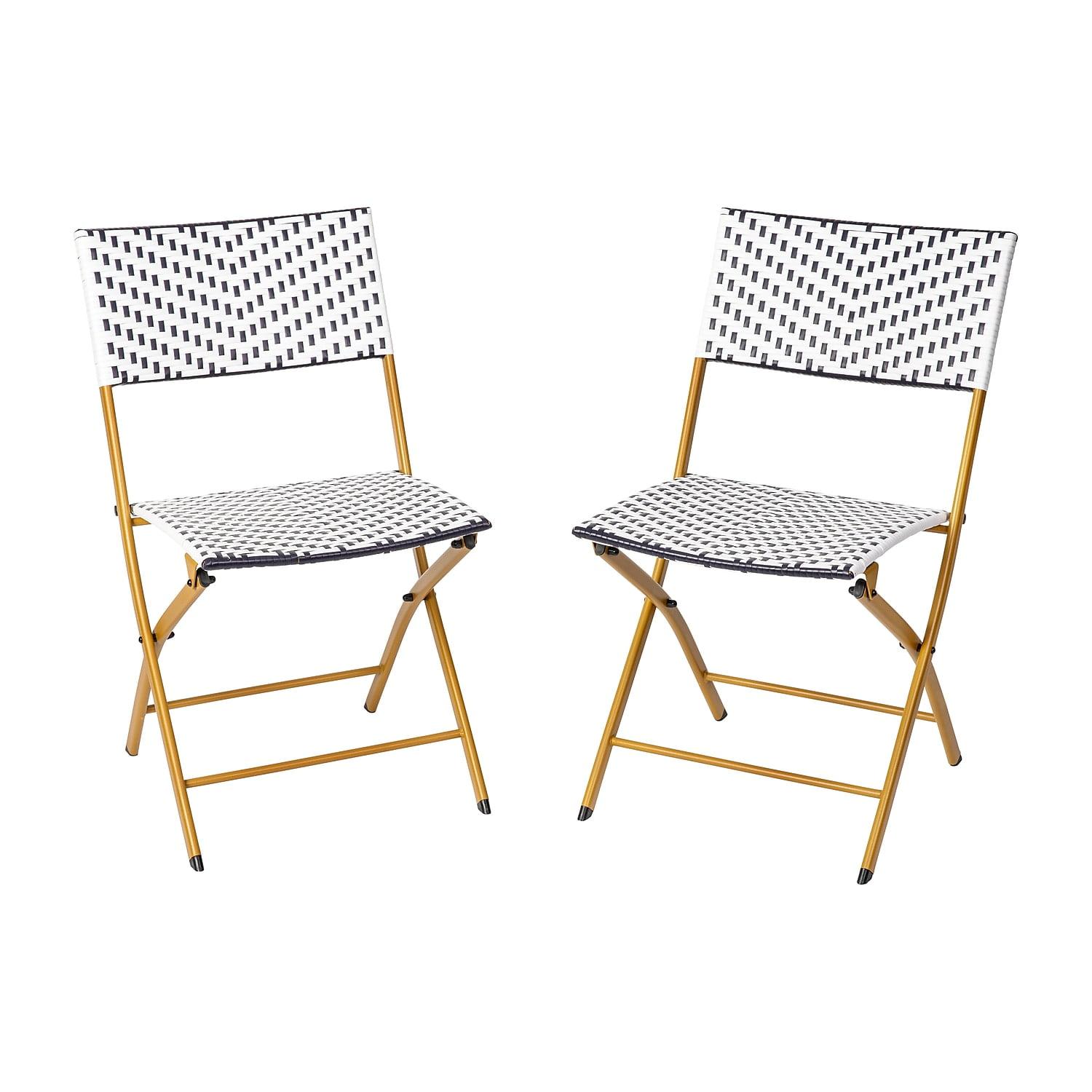 Flash Furniture Rouen Set of 2 Commercial Grade Foldable Bistro Chairs, Indoor/Outdoor PE Rattan Back and Seat, Navy/White with Natural Steel Frames