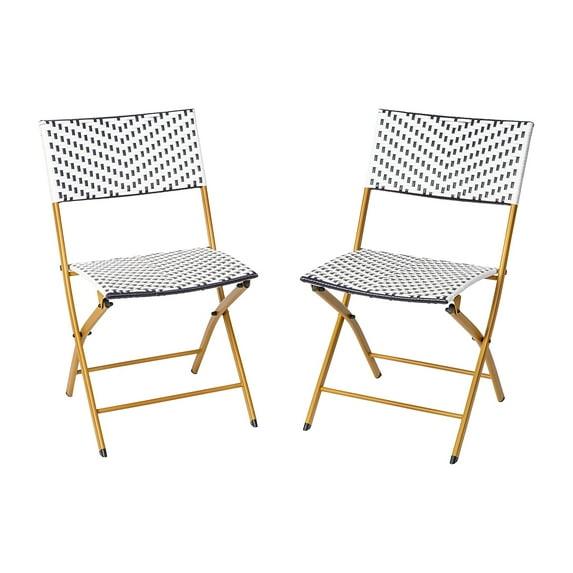 Flash Furniture Rouen Set of 2 Commercial Grade Foldable Bistro Chairs, Indoor/Outdoor PE Rattan Back and Seat, Navy/White with Natural Steel Frames