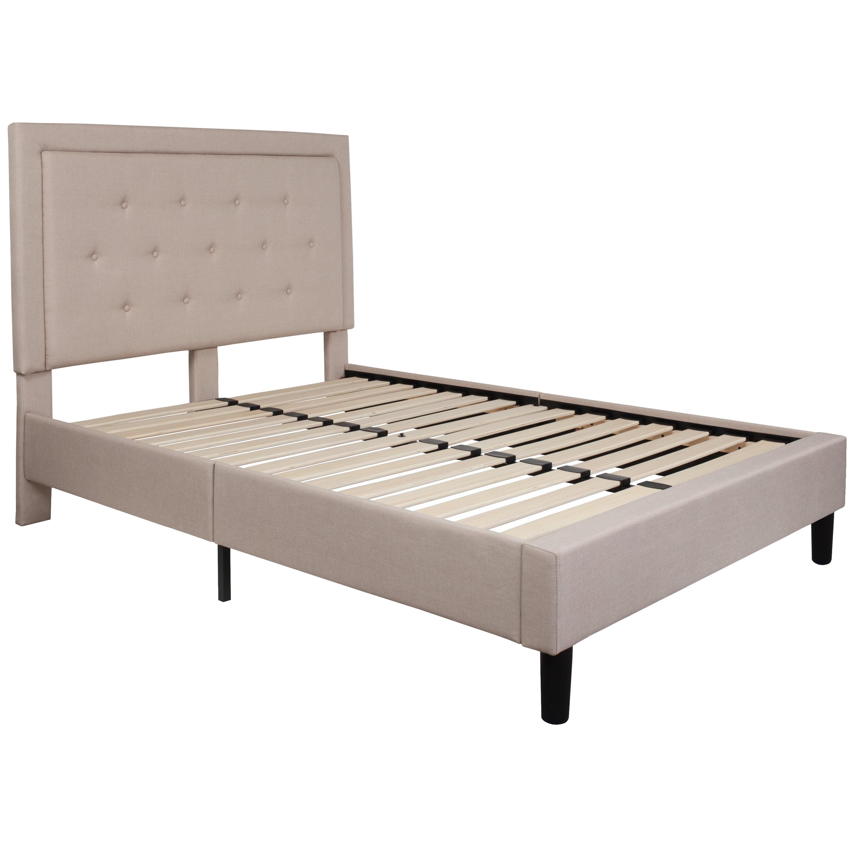 Beige Full-Size Tufted Upholstered Platform Bed with Nailhead Trim