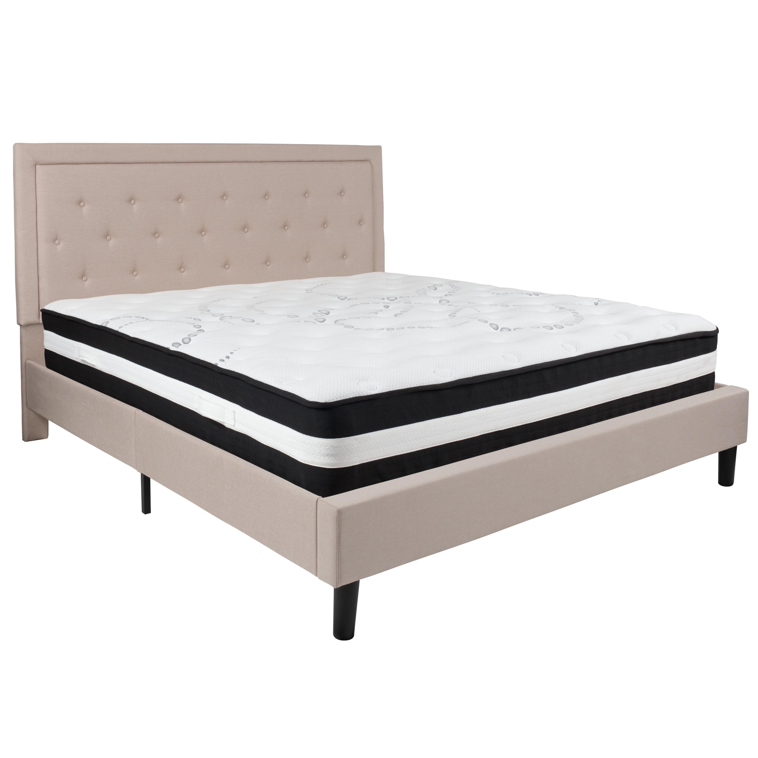 Beige King Upholstered Platform Bed with Tufted Headboard