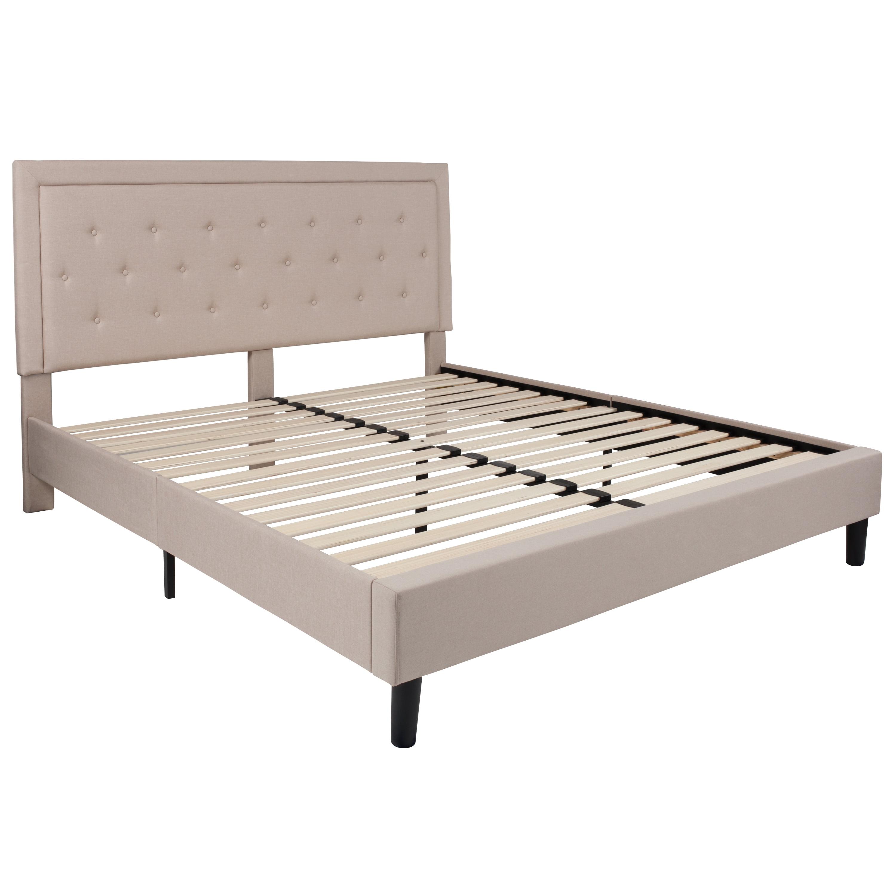 Modern Beige King Size Tufted Upholstered Platform Bed with Slats