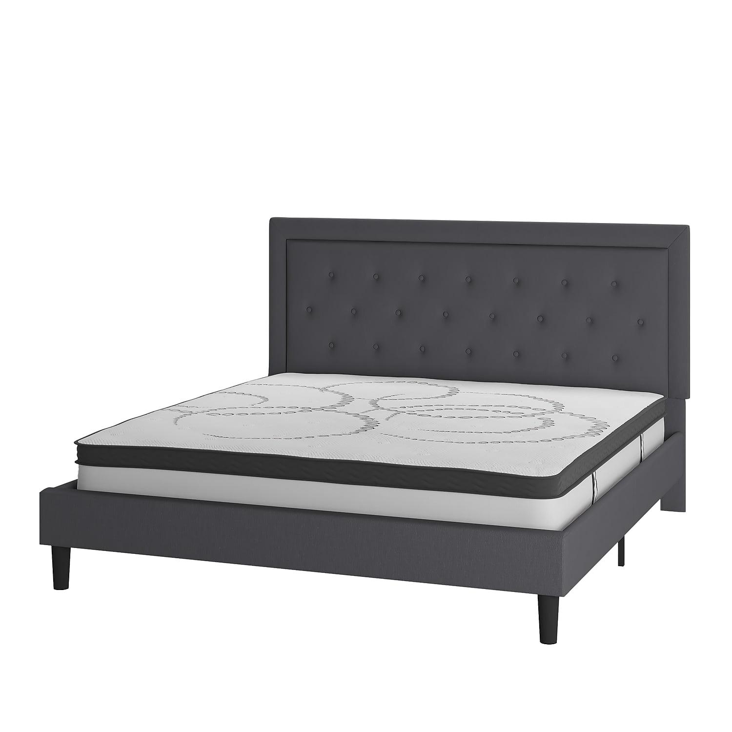 Flash Furniture Roxbury King Size Tufted Upholstered Platform Bed in Dark Gray Fabric with 10 Inch CertiPUR-US Certified Pocket Spring Mattress