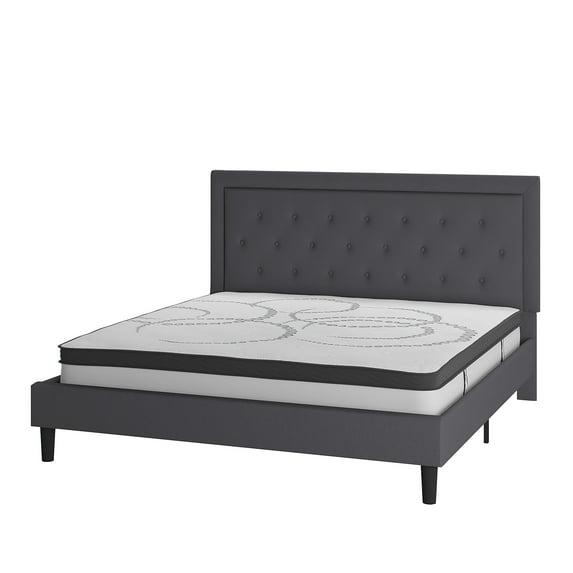 Flash Furniture Roxbury King Size Tufted Upholstered Platform Bed in Dark Gray Fabric with 10 Inch CertiPUR-US Certified Pocket Spring Mattress