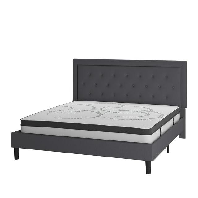 Flash Furniture Roxbury King Size Tufted Upholstered Platform Bed in Dark Gray Fabric with 10 Inch CertiPUR-US Certified Pocket Spring Mattress