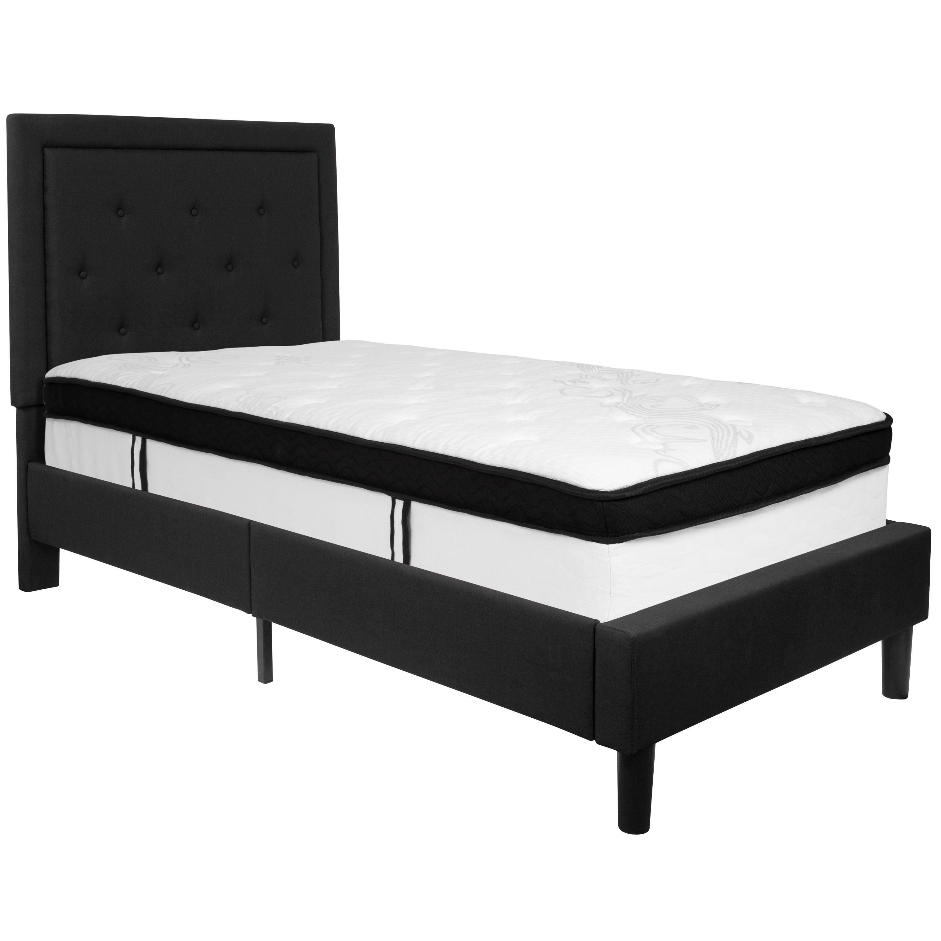 Black Twin Upholstered Platform Bed with Tufted Headboard