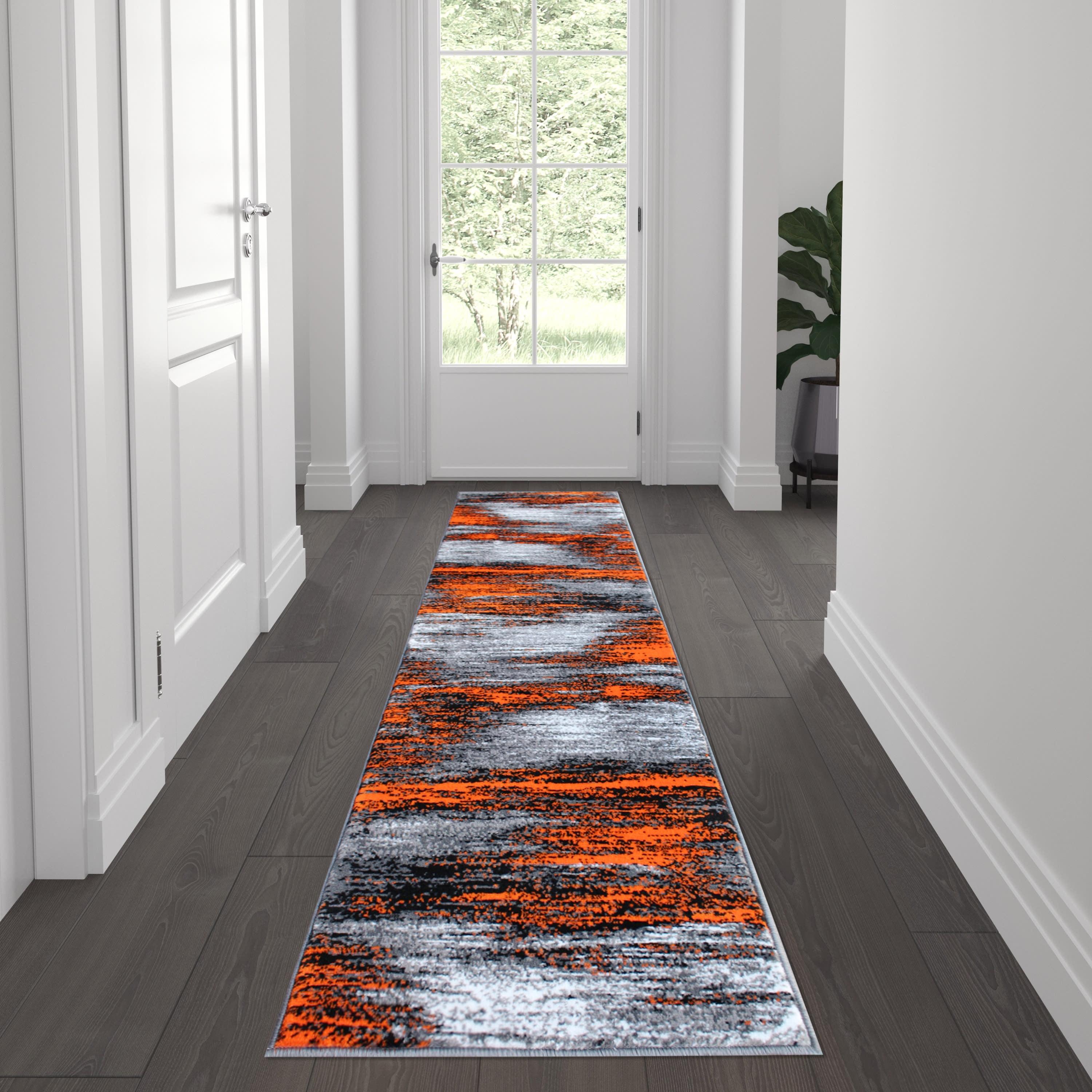 Reversible Orange and Gray Abstract Synthetic Runner Rug