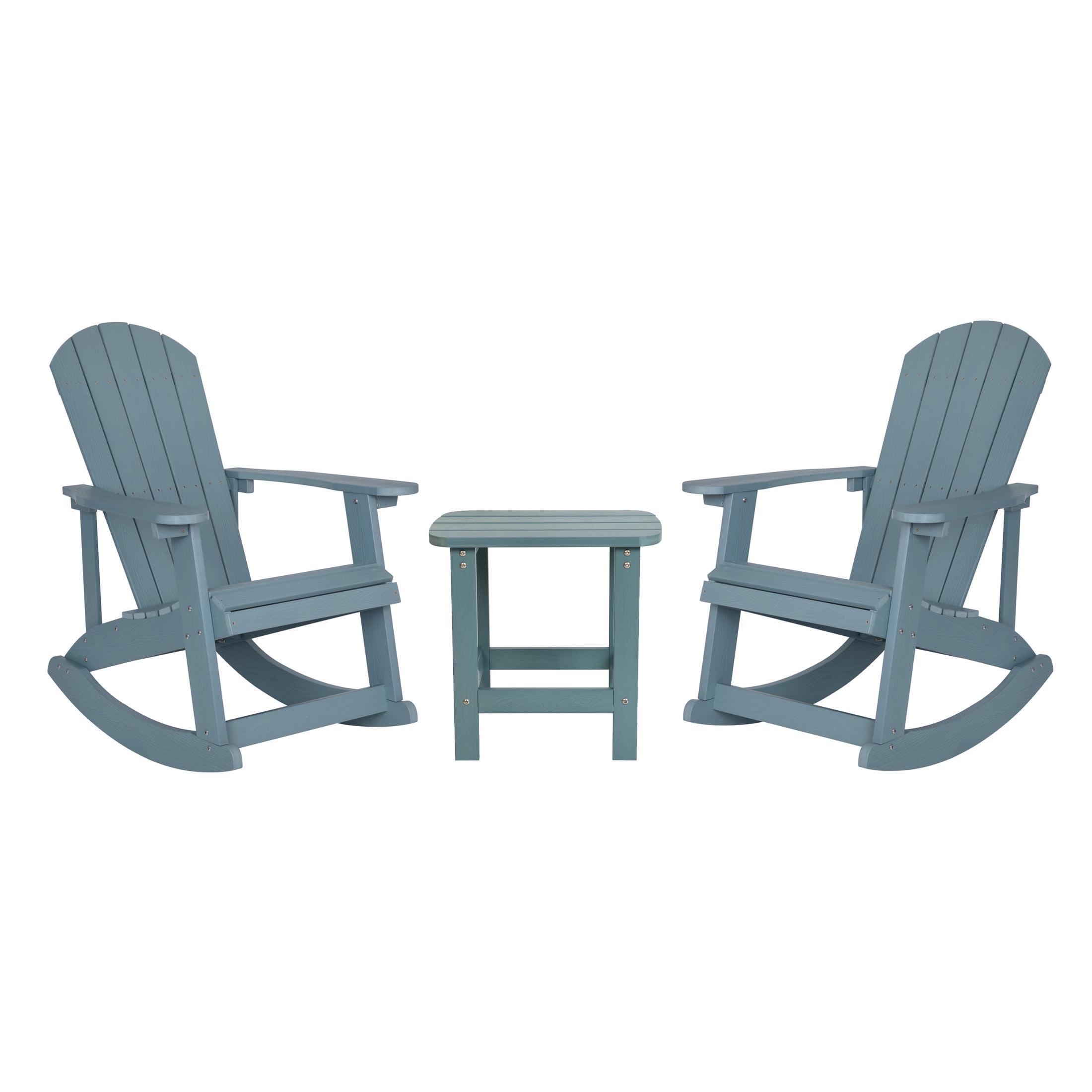 Flash Furniture Set of 2 Savannah All-Weather Poly Resin Wood Adirondack Rocking Chairs with Side Table in Sea Foam