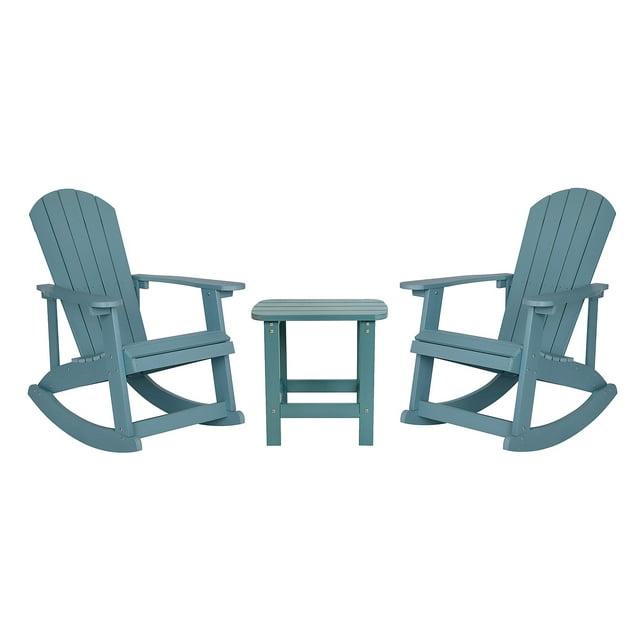 Flash Furniture Set of 2 Savannah All-Weather Poly Resin Wood Adirondack Rocking Chairs with Side Table in Sea Foam