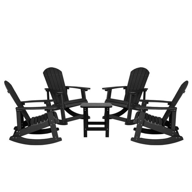 Flash Furniture Collis 5-Piece Patio Set with 4 All-Weather Poly Resin Wood Adirondack Rocking Chairs and Matching Side Tab