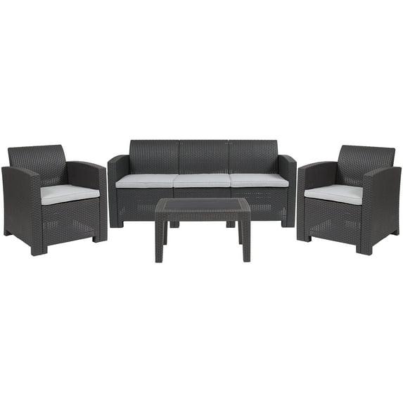Merrick Lane 4 Piece Dark Gray Faux Rattan Patio Furniture Set with 2 Chairs and Sofa with Removable Light Gray Cushions and Table
