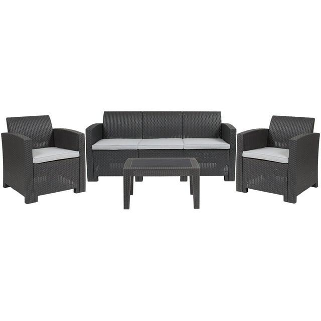 Merrick Lane 4 Piece Dark Gray Faux Rattan Patio Furniture Set with 2 Chairs and Sofa with Removable Light Gray Cushions and Table
