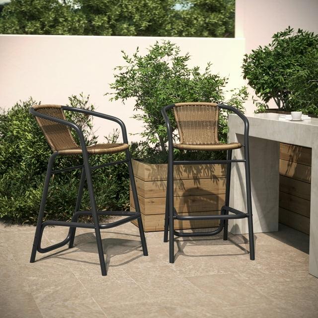 Flash Furniture Lila Set of 2 Commercial Grade Indoor-Outdoor PE Rattan Restaurant Barstool with Black Aluminum Frame and Footrest in Medium Brown