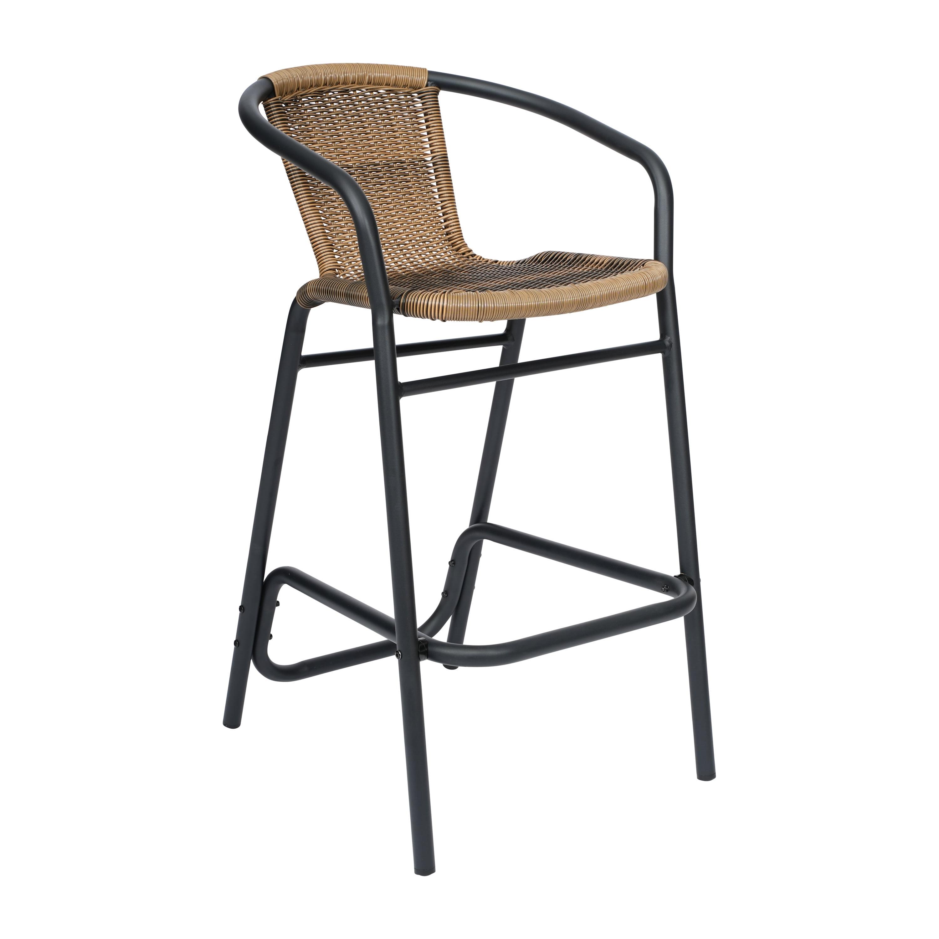Flash Furniture Lila Set of 2 Commercial Grade Indoor-Outdoor PE Rattan Restaurant Barstool with Black Aluminum Frame and Footrest in Medium Brown