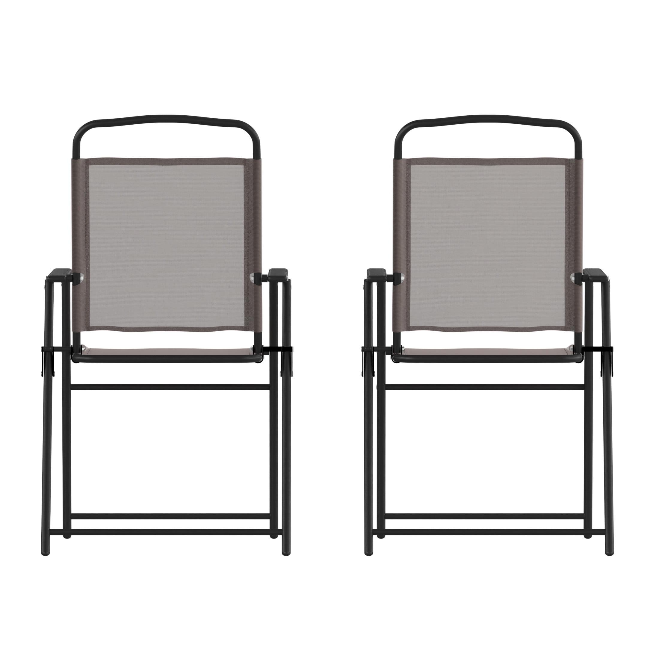 Flash Furniture Set of 2 Mystic Folding Patio Sling Chairs, Outdoor Textilene Lawn Chairs with Armrests in Brown