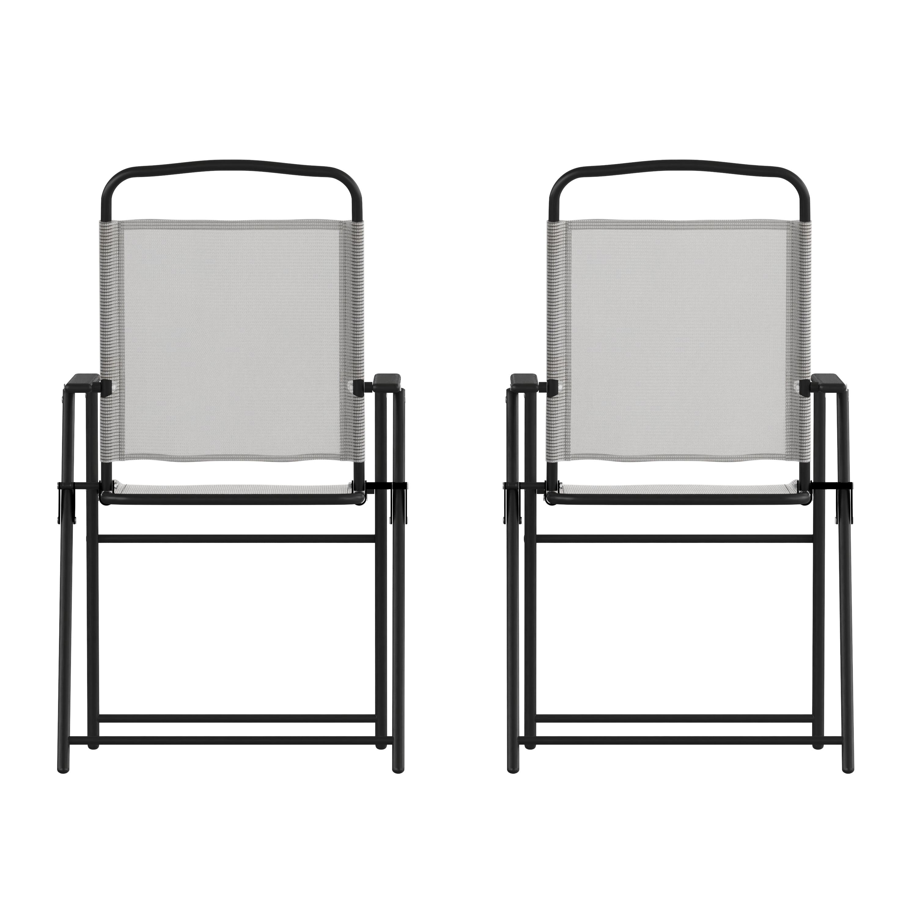 Flash Furniture Set of 2 Mystic Folding Patio Sling Chairs, Outdoor Textilene Lawn Chairs with Armrests in Gray