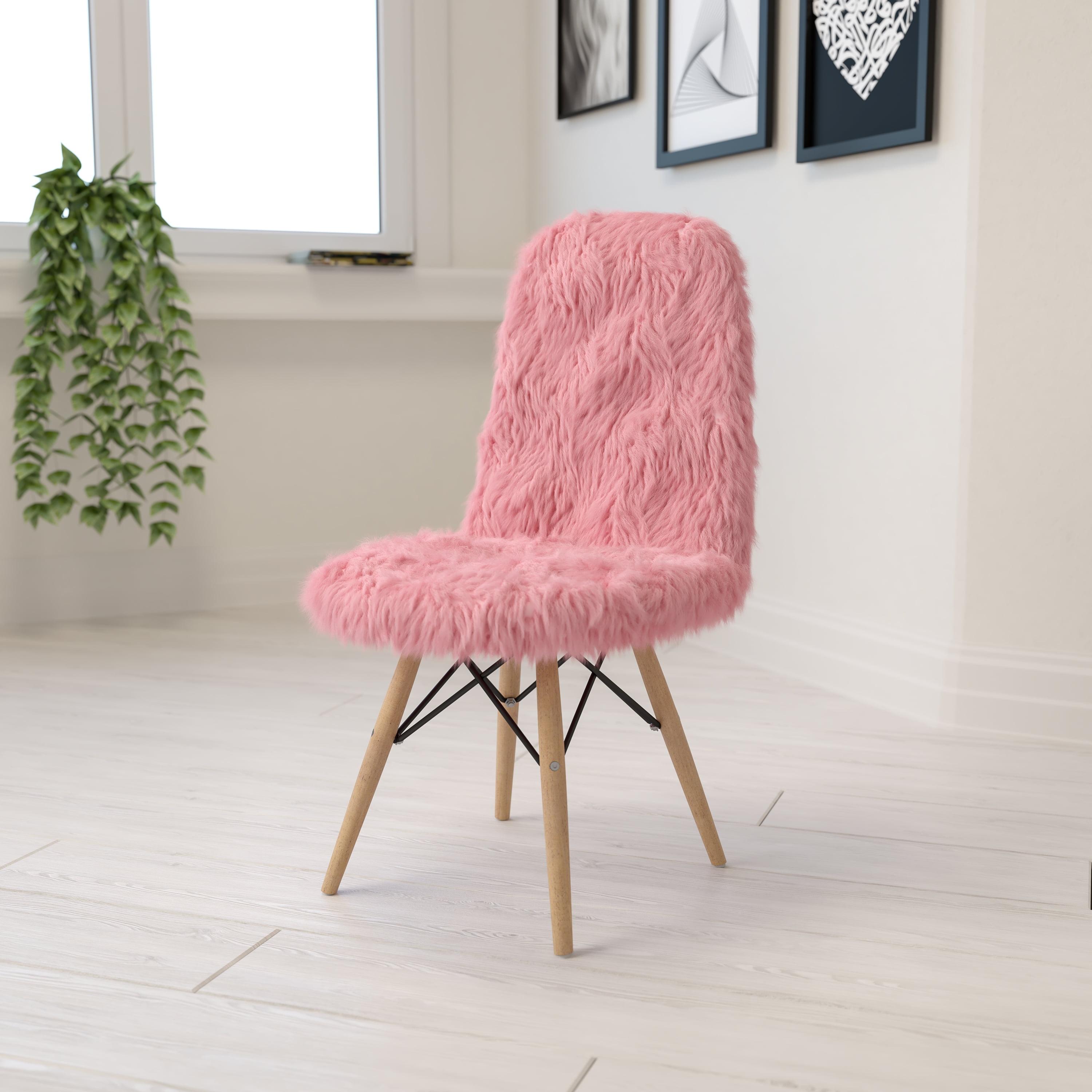 Retro Chic Light Pink Faux Fur Accent Chair with Beechwood Base