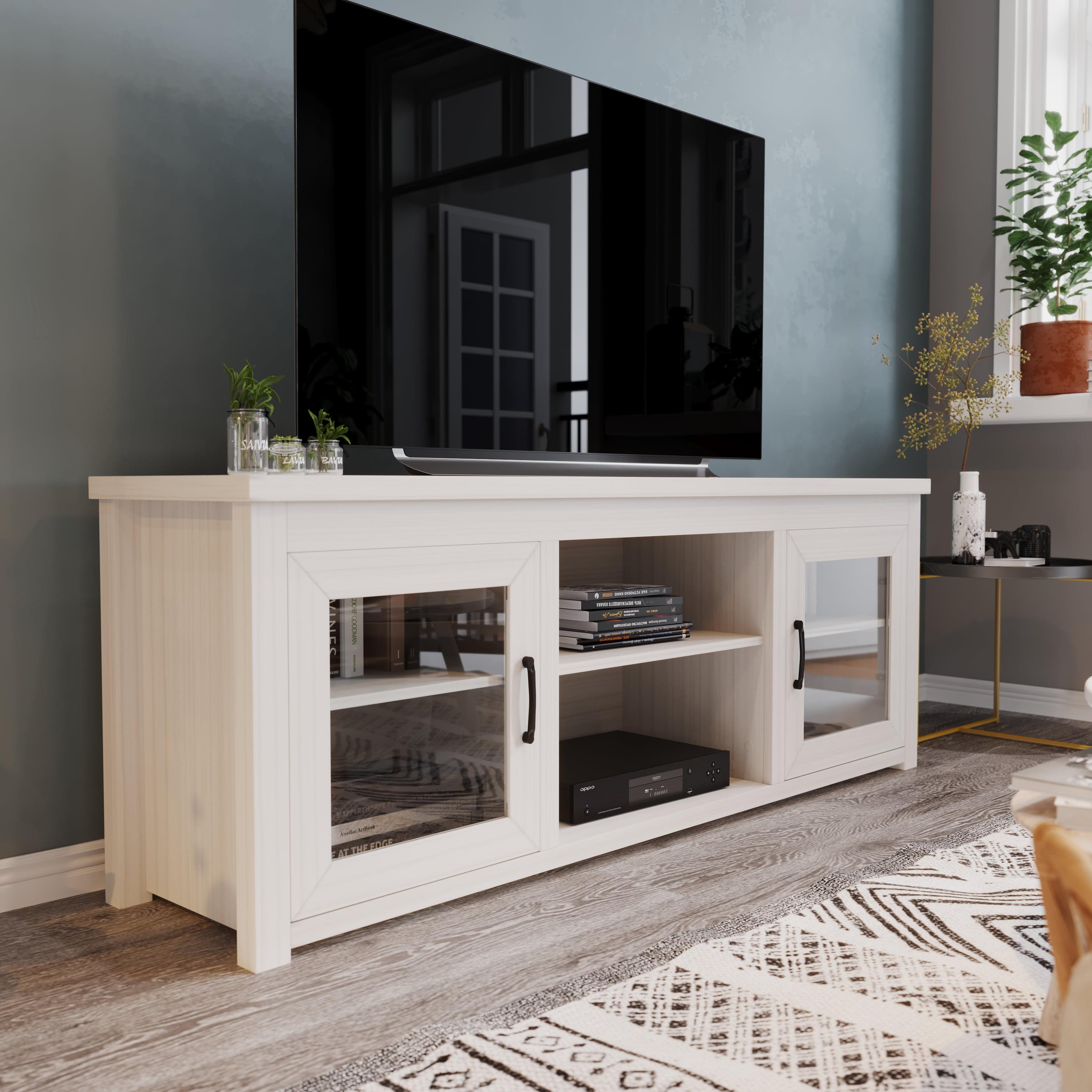 Modern White Wash 65" Engineered Wood TV Stand with Glass Doors