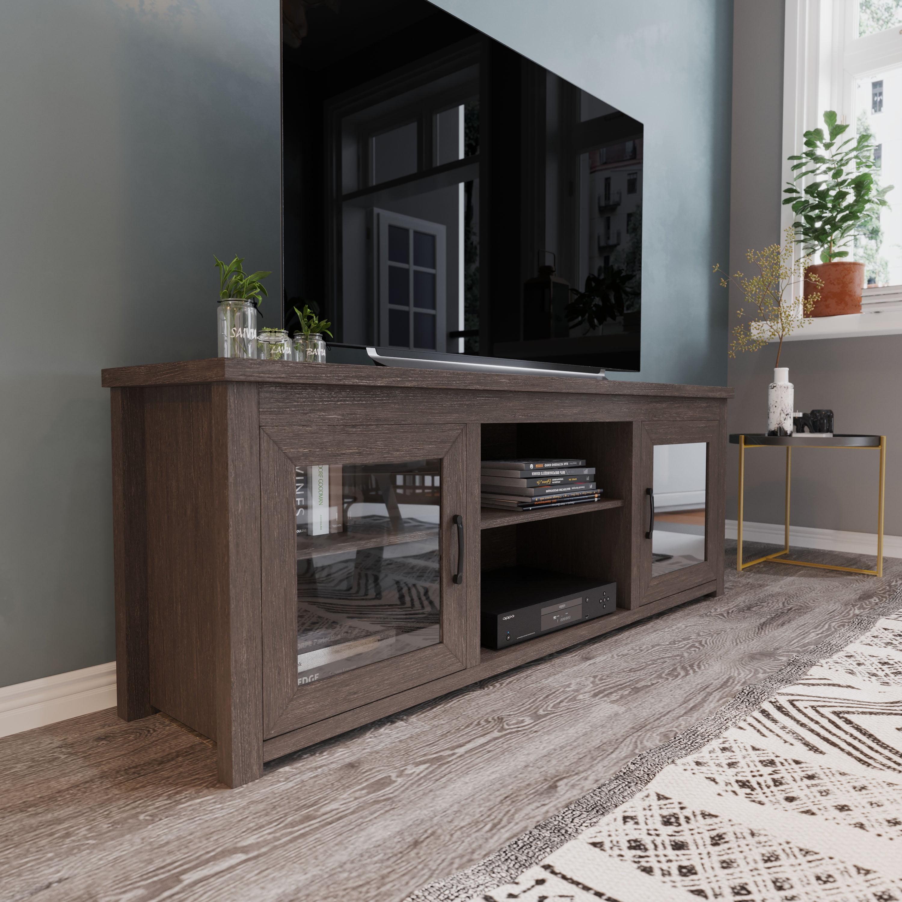 Modern Black Wash 65" Engineered Wood TV Stand with Glass Doors