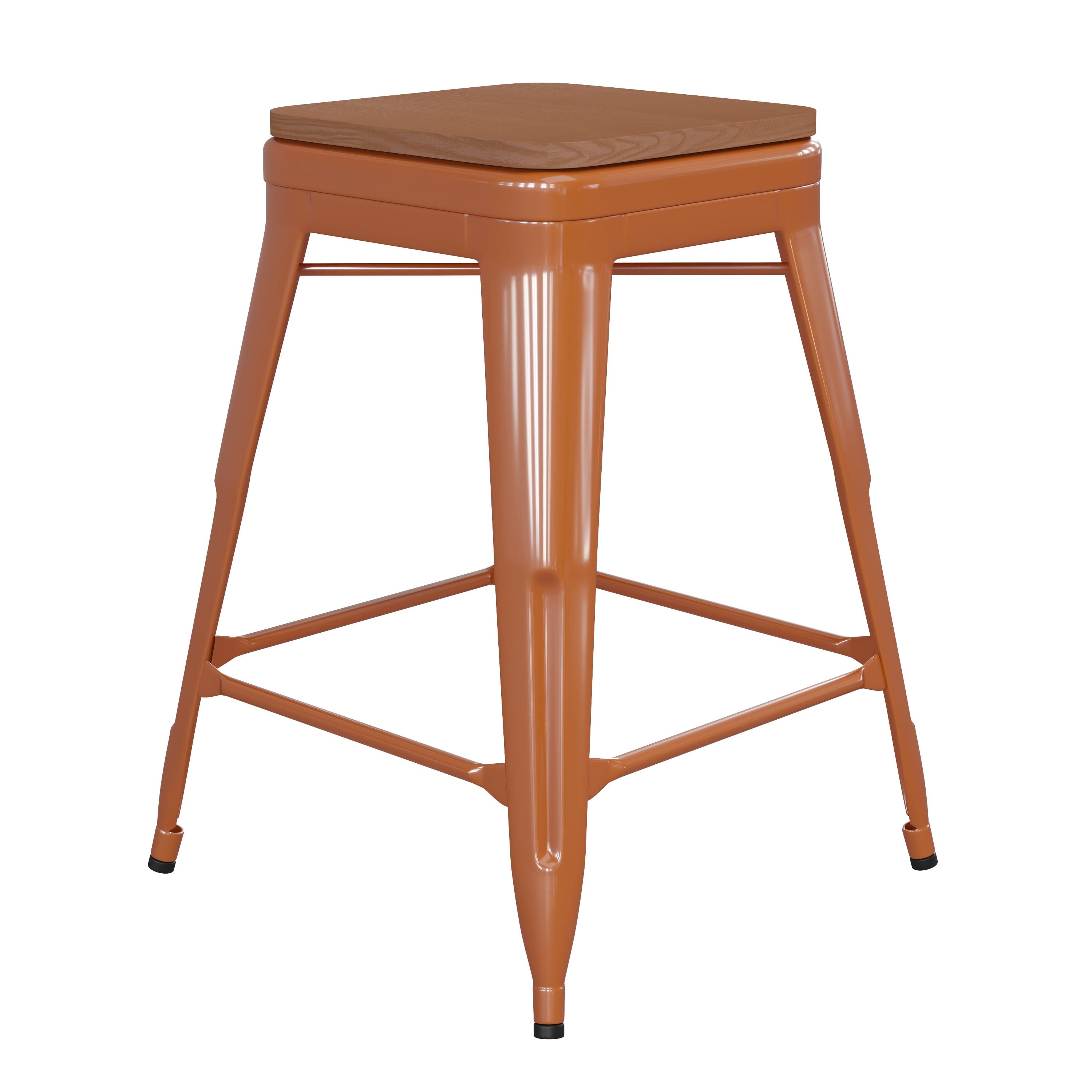 Flash Furniture Kai Commercial Grade 24" High Backless Orange Metal Indoor-Outdoor Counter Height Stool with Teak Poly Resin Wood Seat