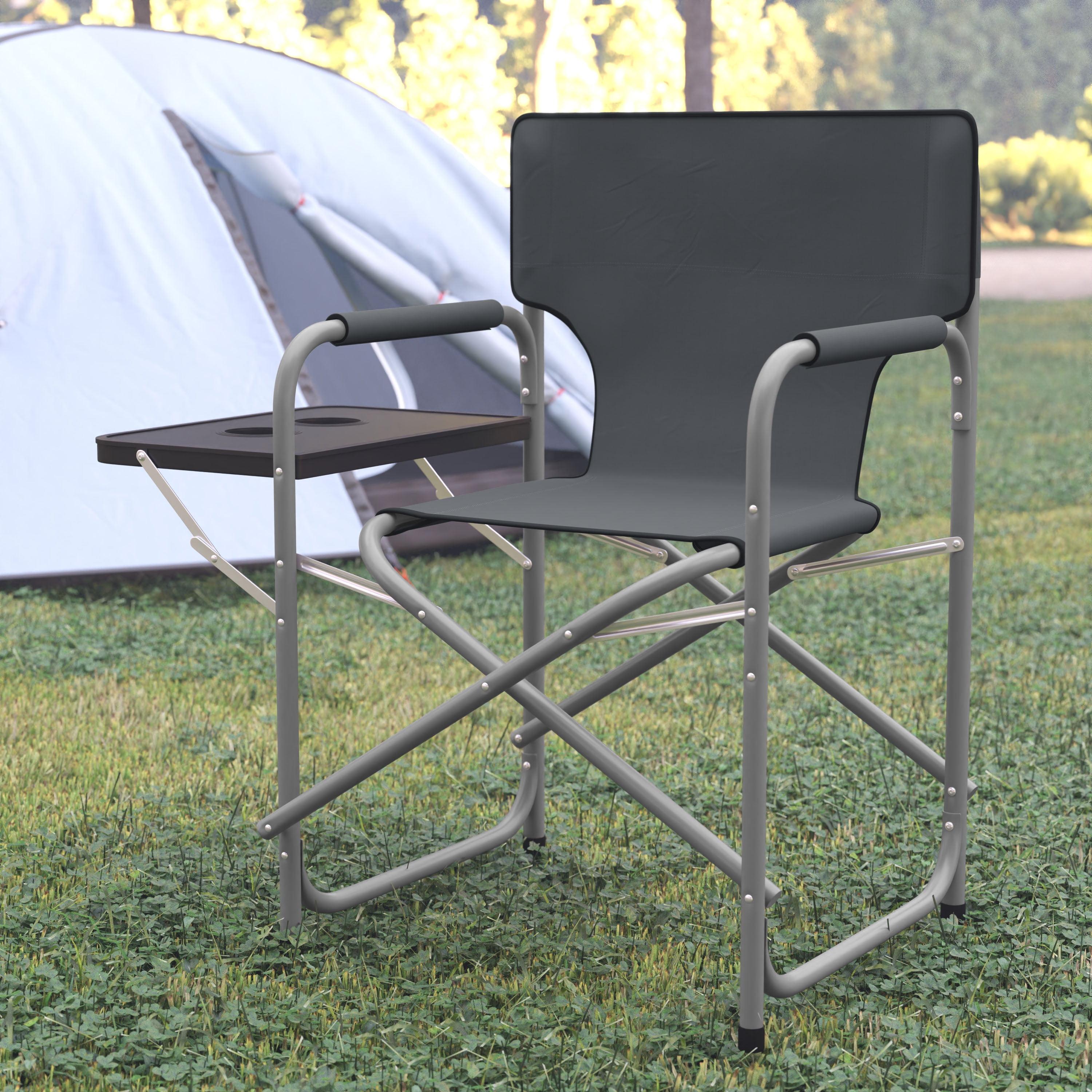 Portable Gray Folding Director's Chair with Dual Cupholder Side Table