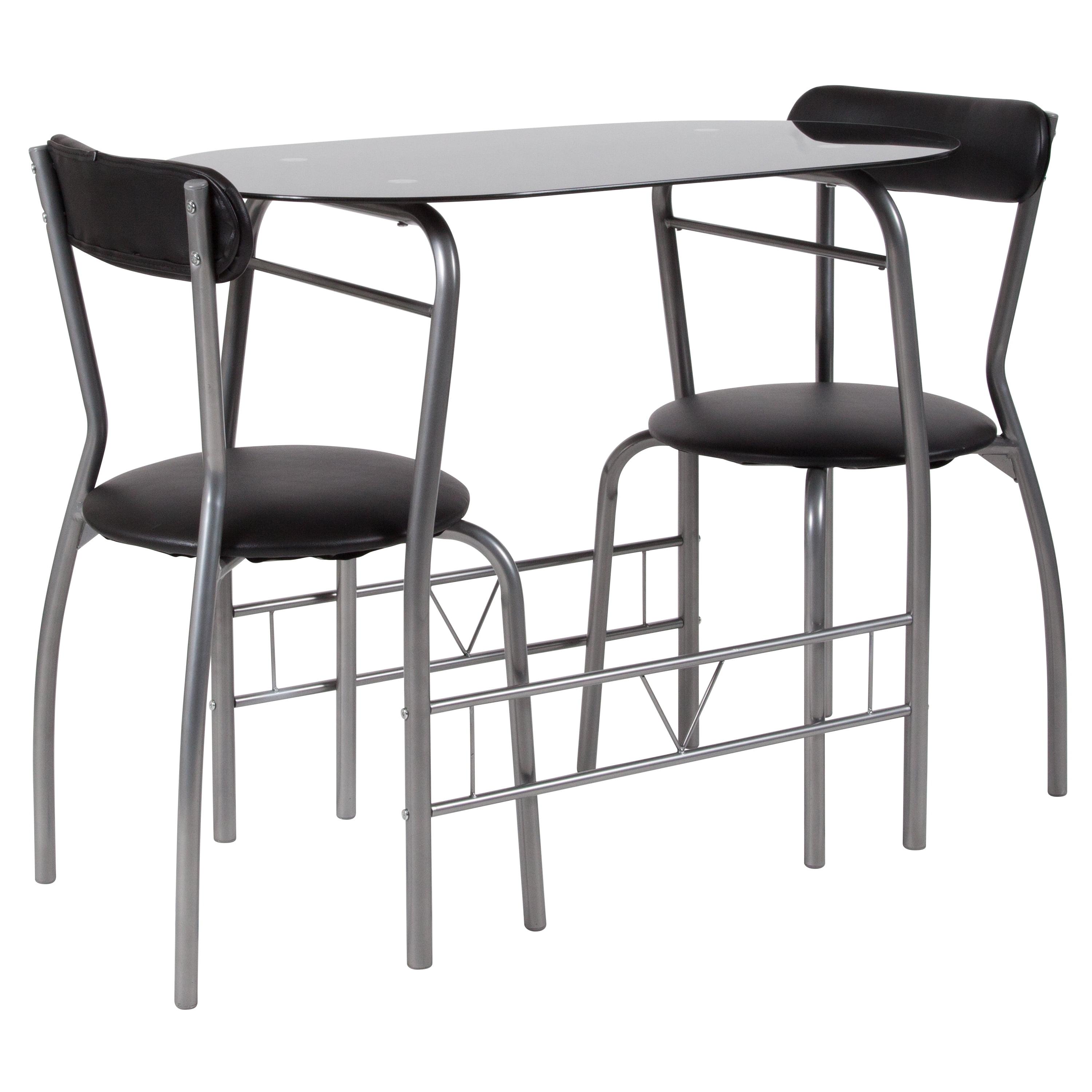 Black Metal and Glass 3-Piece Bistro Set with Vinyl Chairs