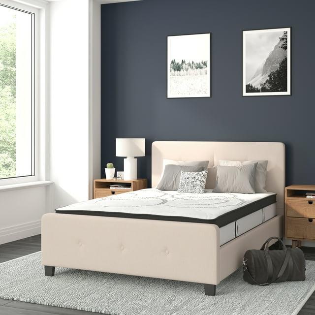 Flash Furniture Tribeca Full Size Tufted Upholstered Platform Bed in Beige Fabric with 10 Inch CertiPUR-US Certified Pocket Spring Mattress