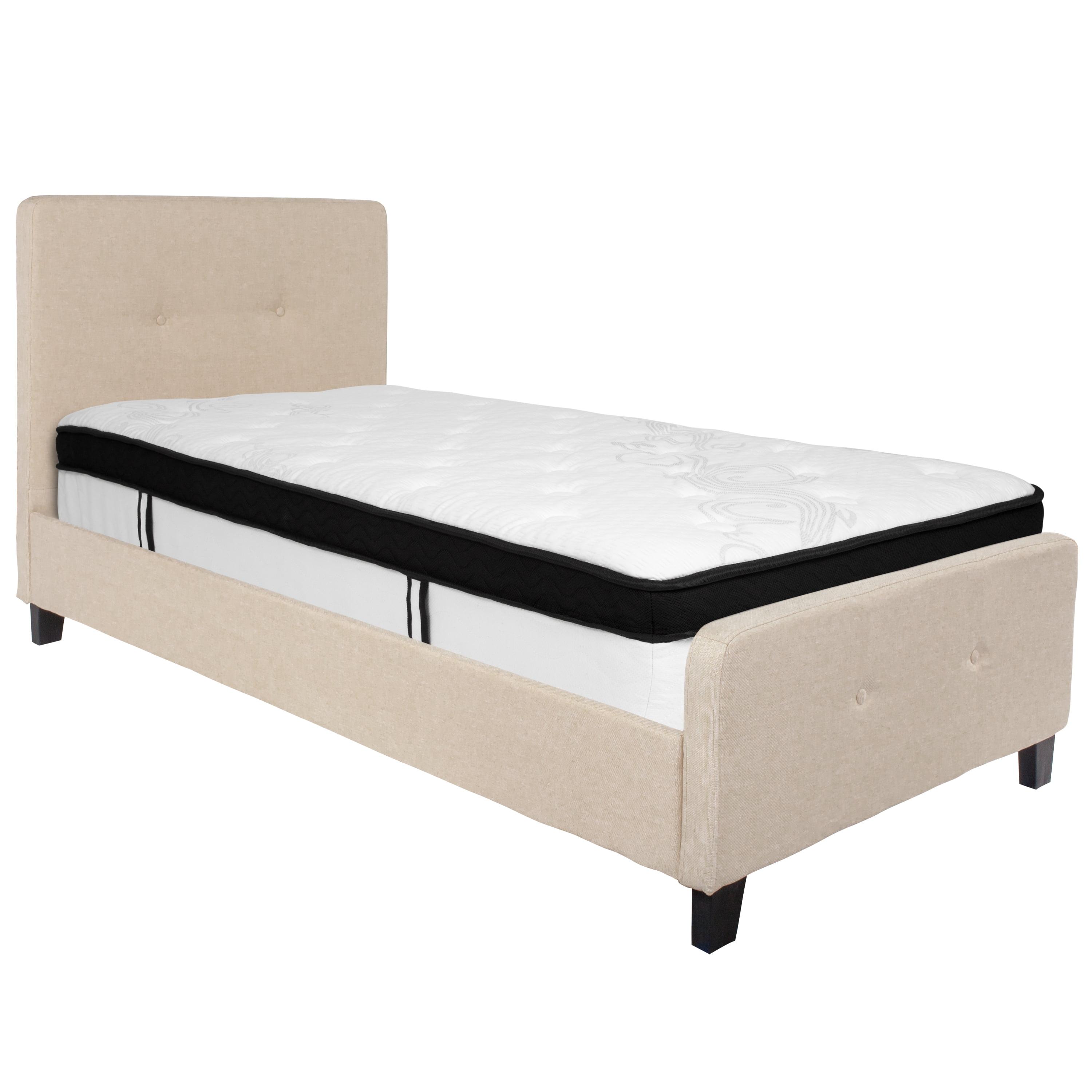 Elegant Twin-Sized Beige Upholstered Bed with Tufted Headboard