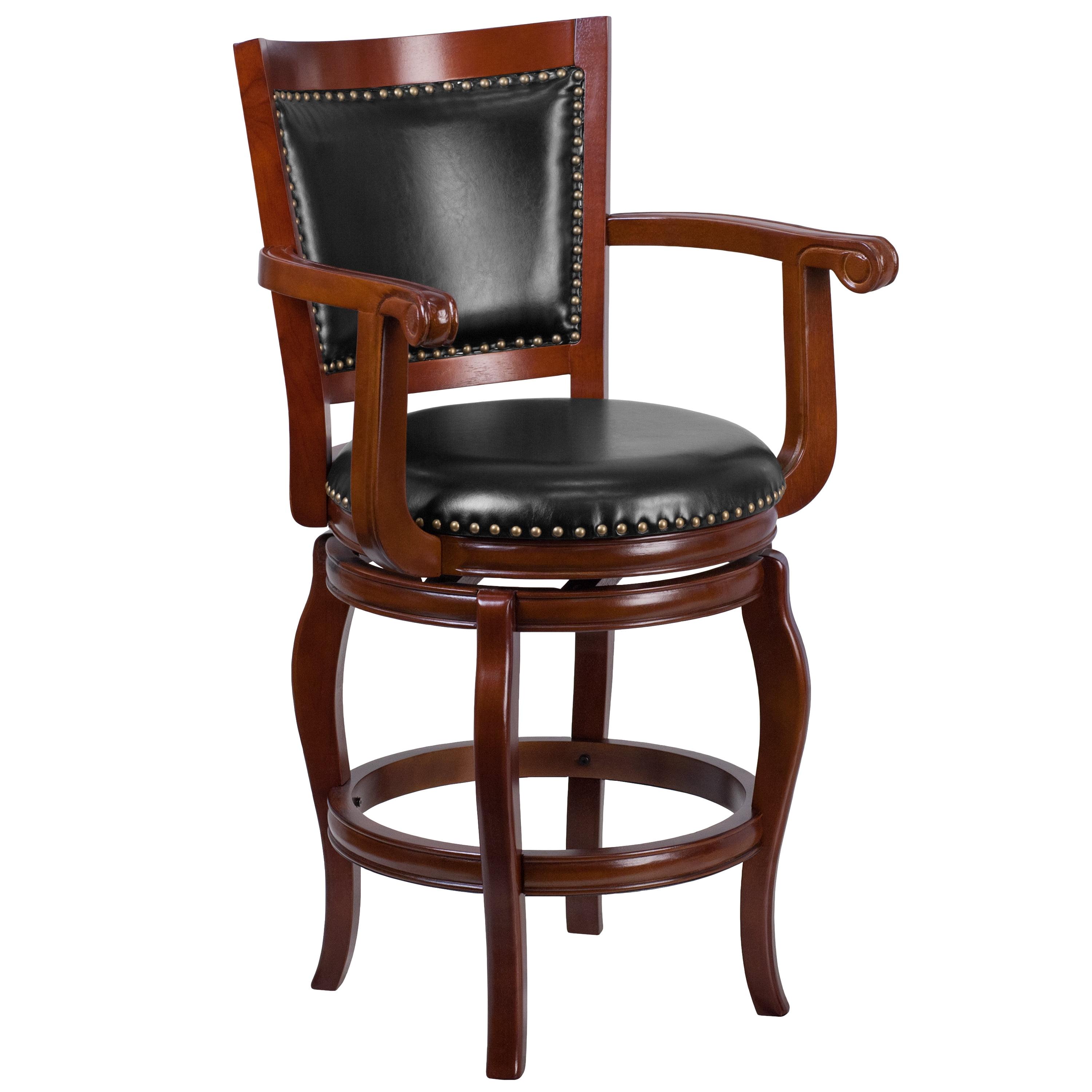 Cherry Wood Counter Height Stool with Black Leather Swivel Seat