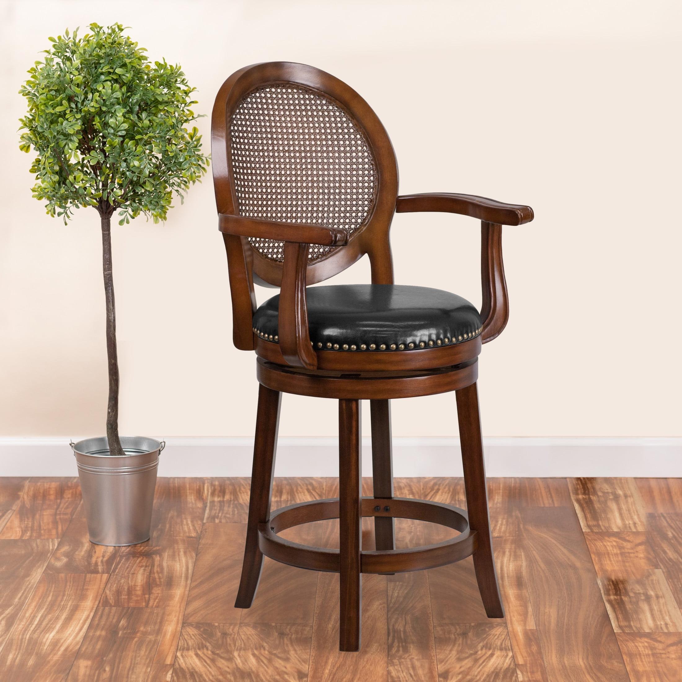 Flash Furniture 26'' High Expresso Wood Counter Height Stool with Arms, Woven Rattan Back and Black LeatherSoft Swivel Seat