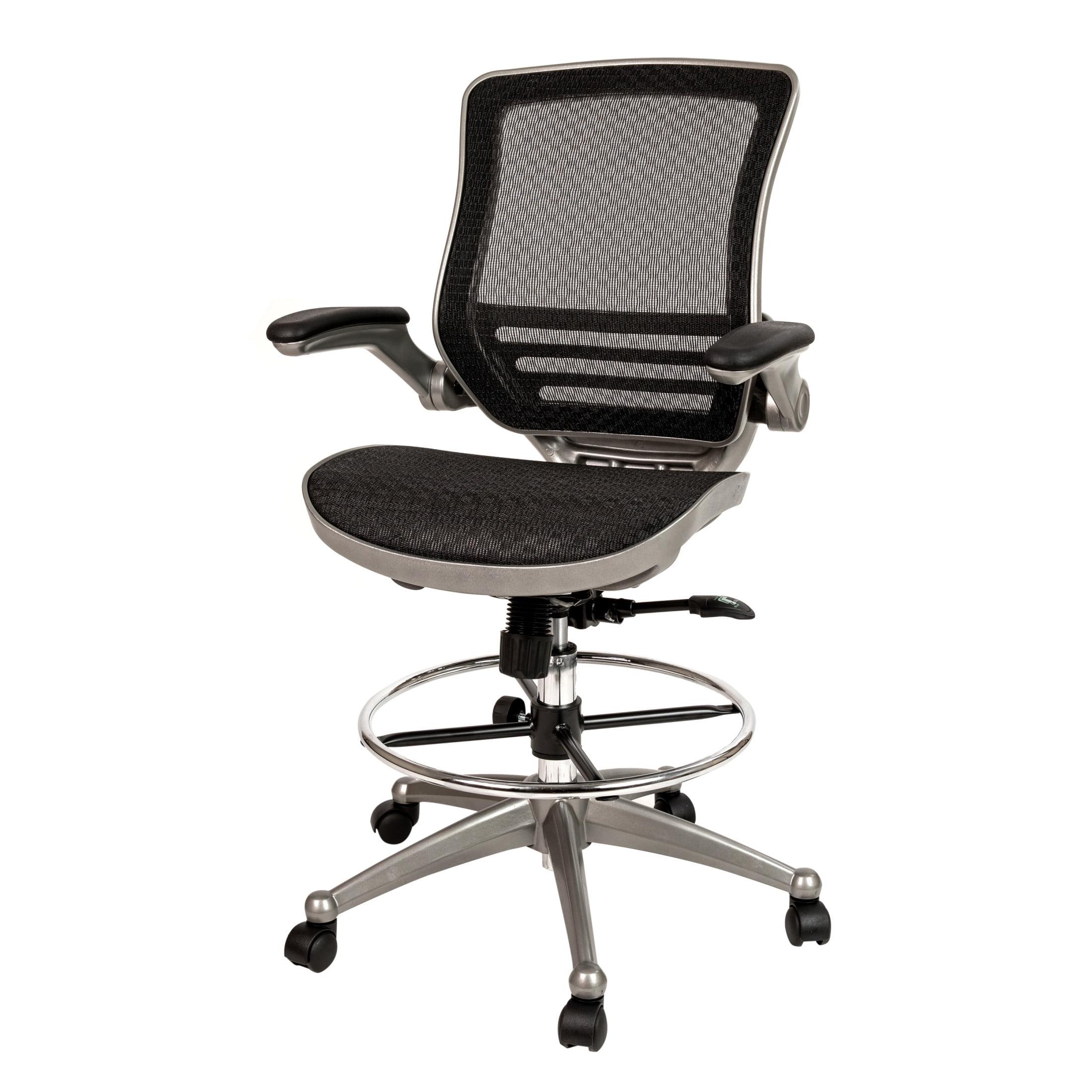 Flash Furniture Mid-Back Transparent Black Mesh Drafting Chair with Graphite Silver Frame and Flip-Up Arms