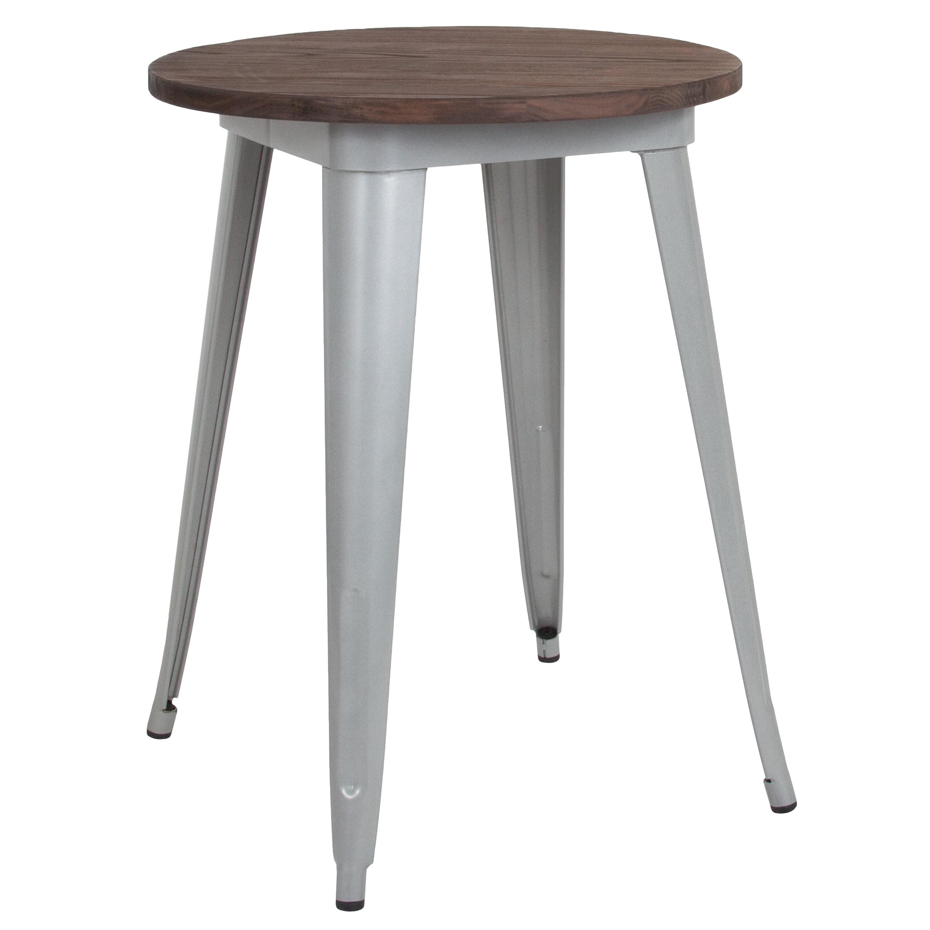 24" Round Silver Metal Dining Table with Walnut Wood Top