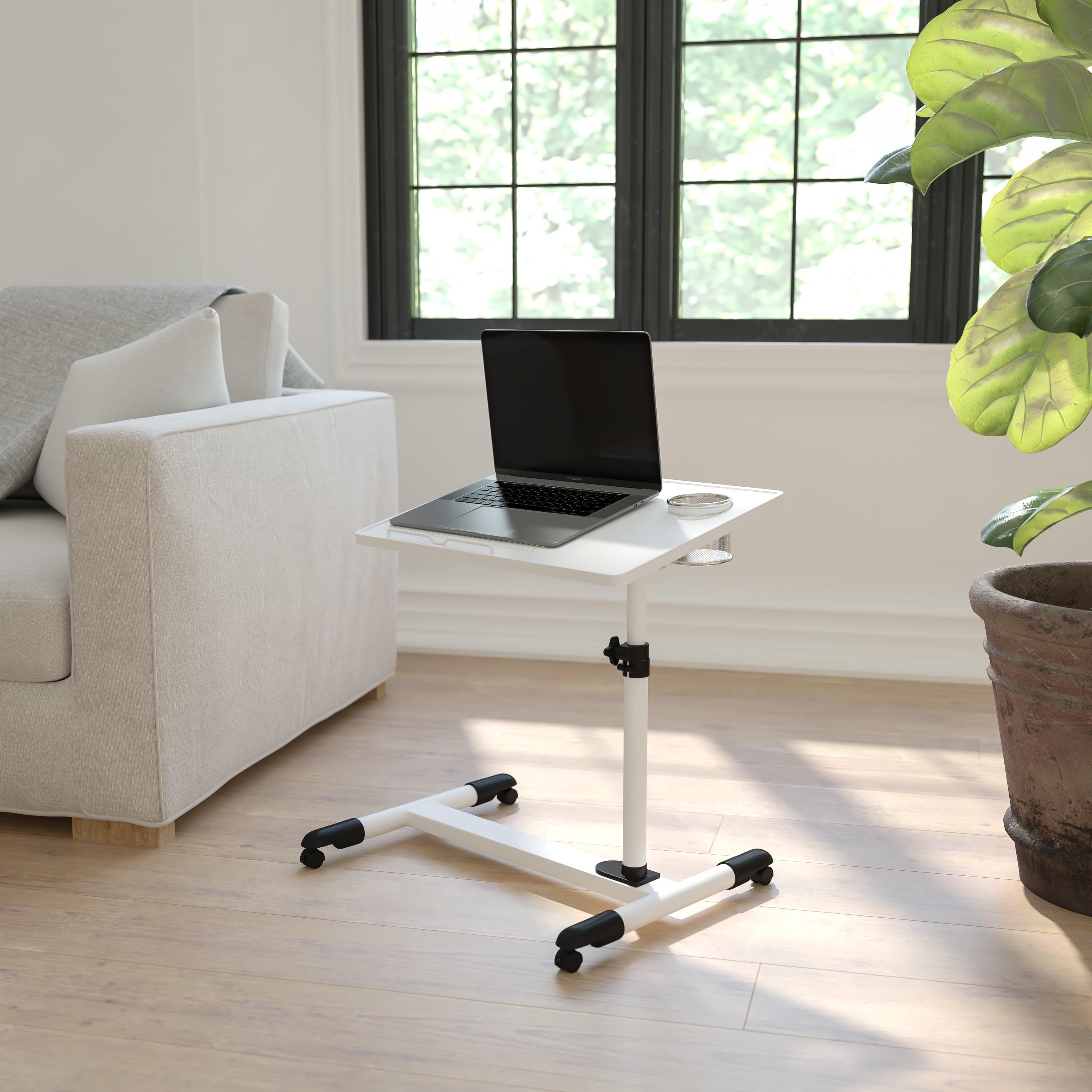 SwivelTop White Adjustable Steel Mobile Desk with Cup Holder