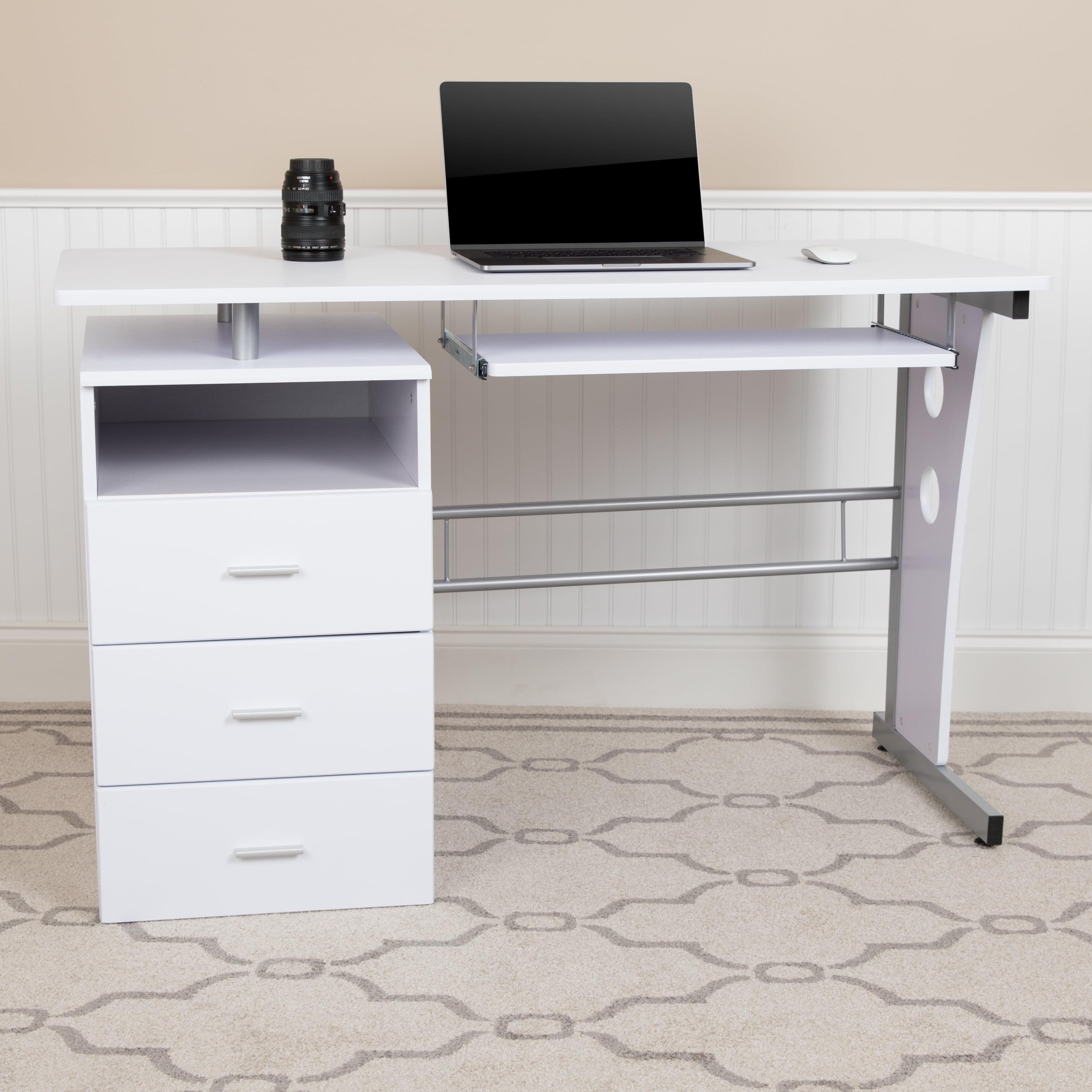 Executive White and Silver Desk with Keyboard Tray and Drawers