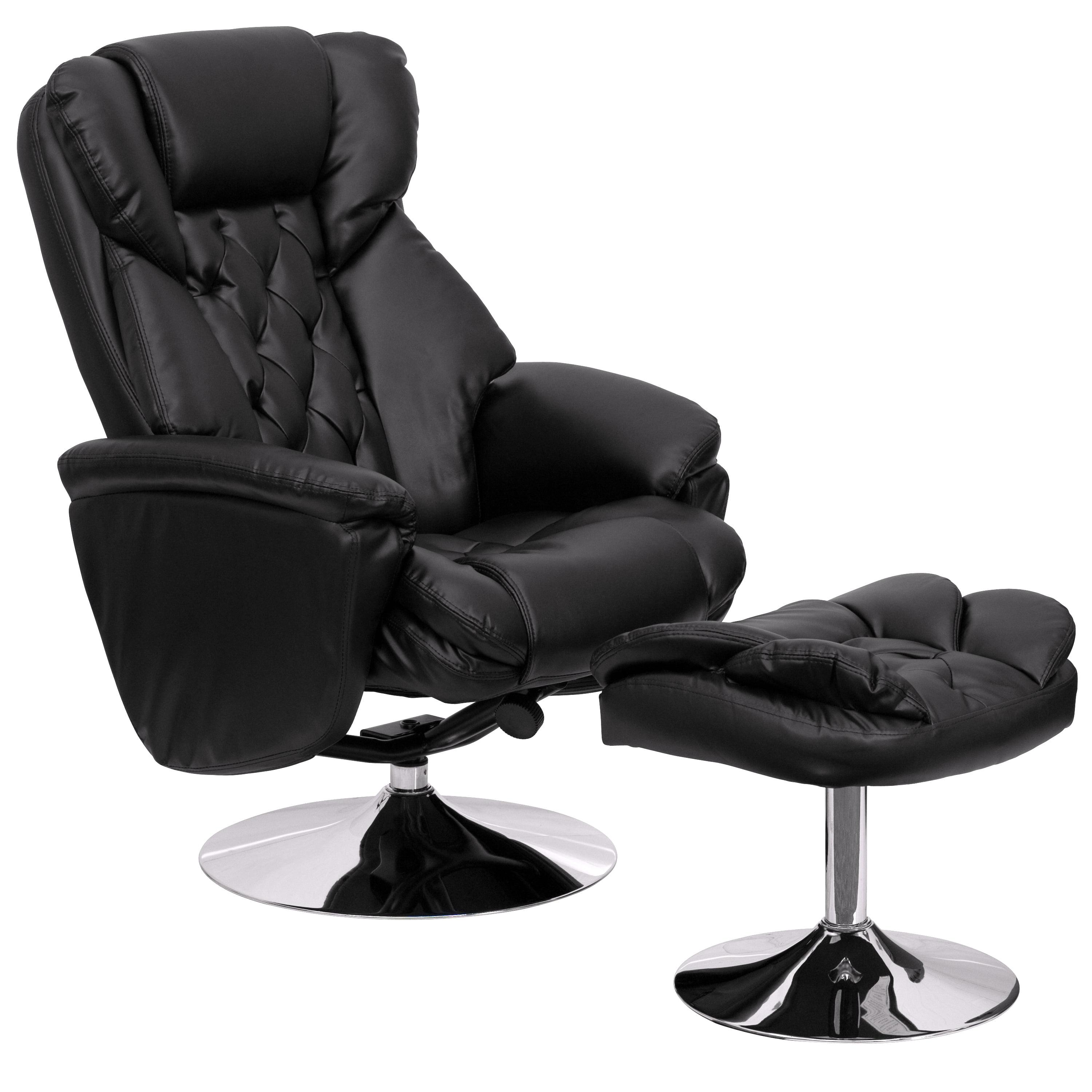 Black Leather Swivel Recliner with Metal Base